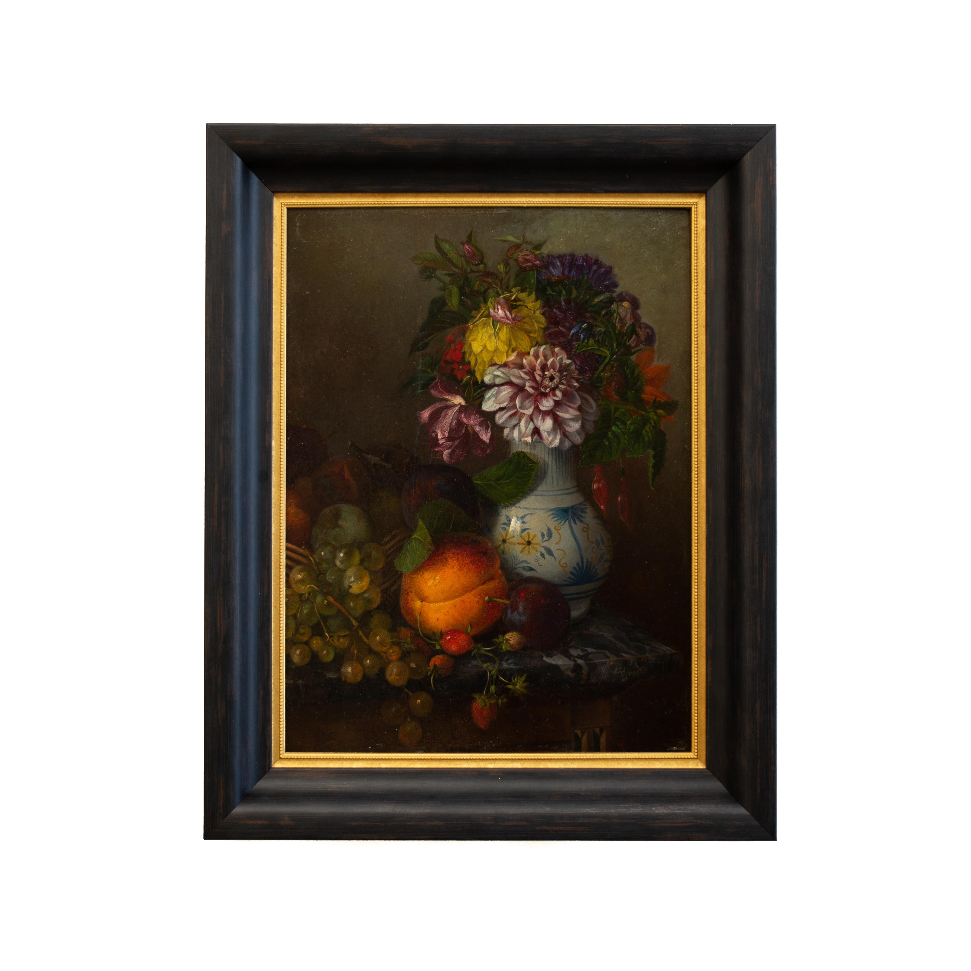 Unknown Interior Painting - Nature Morte With Fruits and Flowers, French School, c. 1860, Oil on Panel