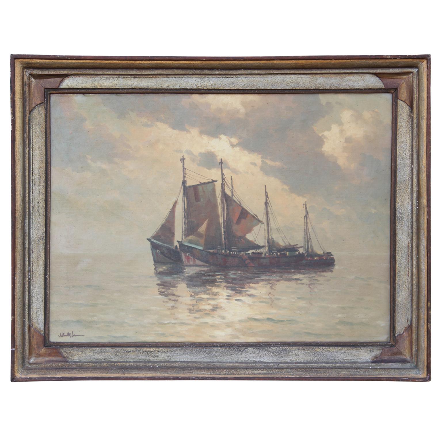 Unknown Nautical Themed Painting with Two 1800's Style Ships at 1stDibs
