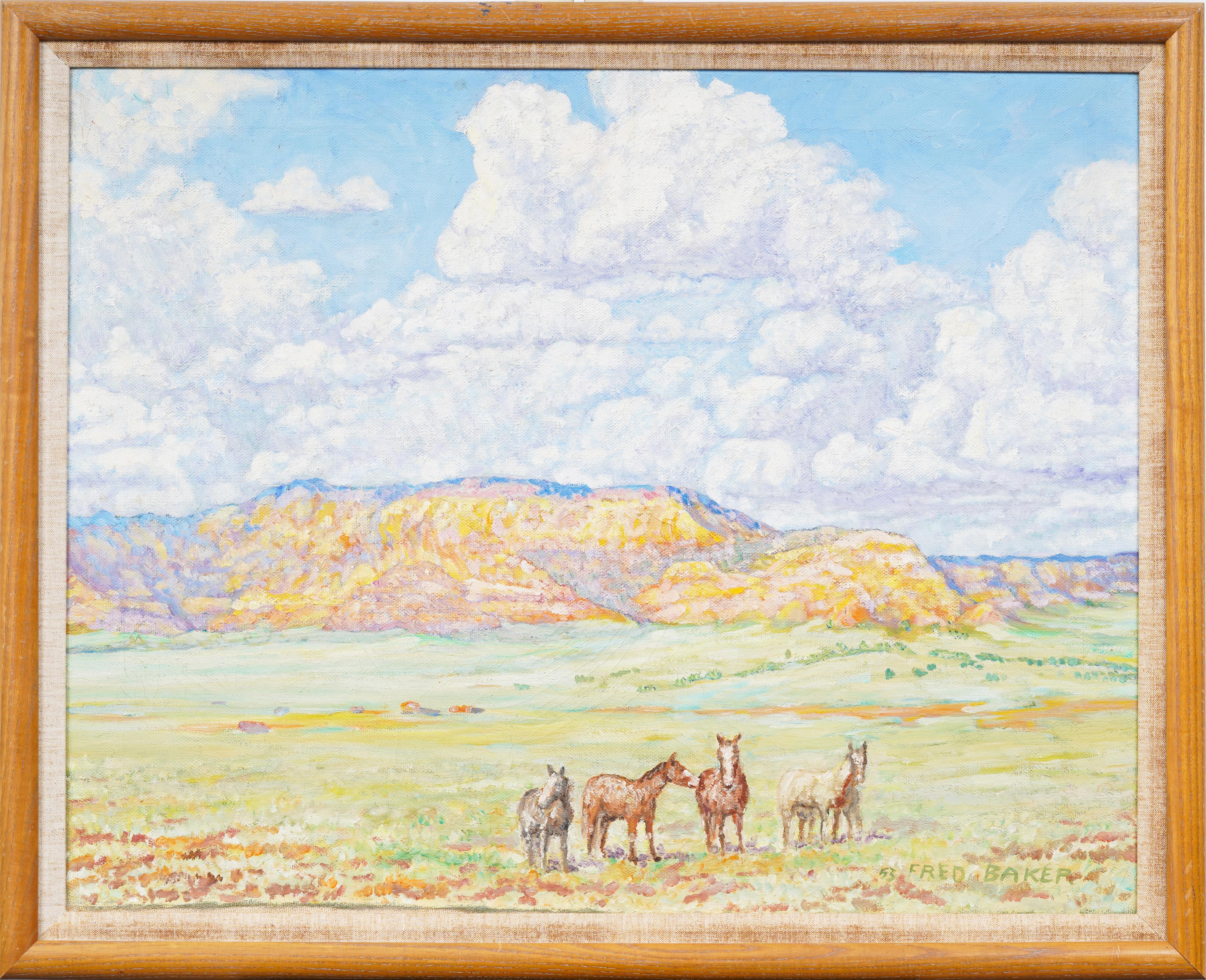 "Navajo Flat" Vintage American Western Panorámica Pradera Caballos Paisaje