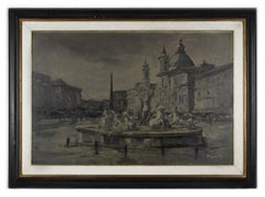 Antique Navona Square - Original Oil Painting on Board - Late 19th Century