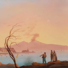 Peintre napolitain – XVIIIe/XIXe siècle – Peinture représentant le golfe de Naples et le Vésuve