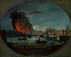Huile de l'école napolitaine du XIXe siècle - Vésuve en éruption