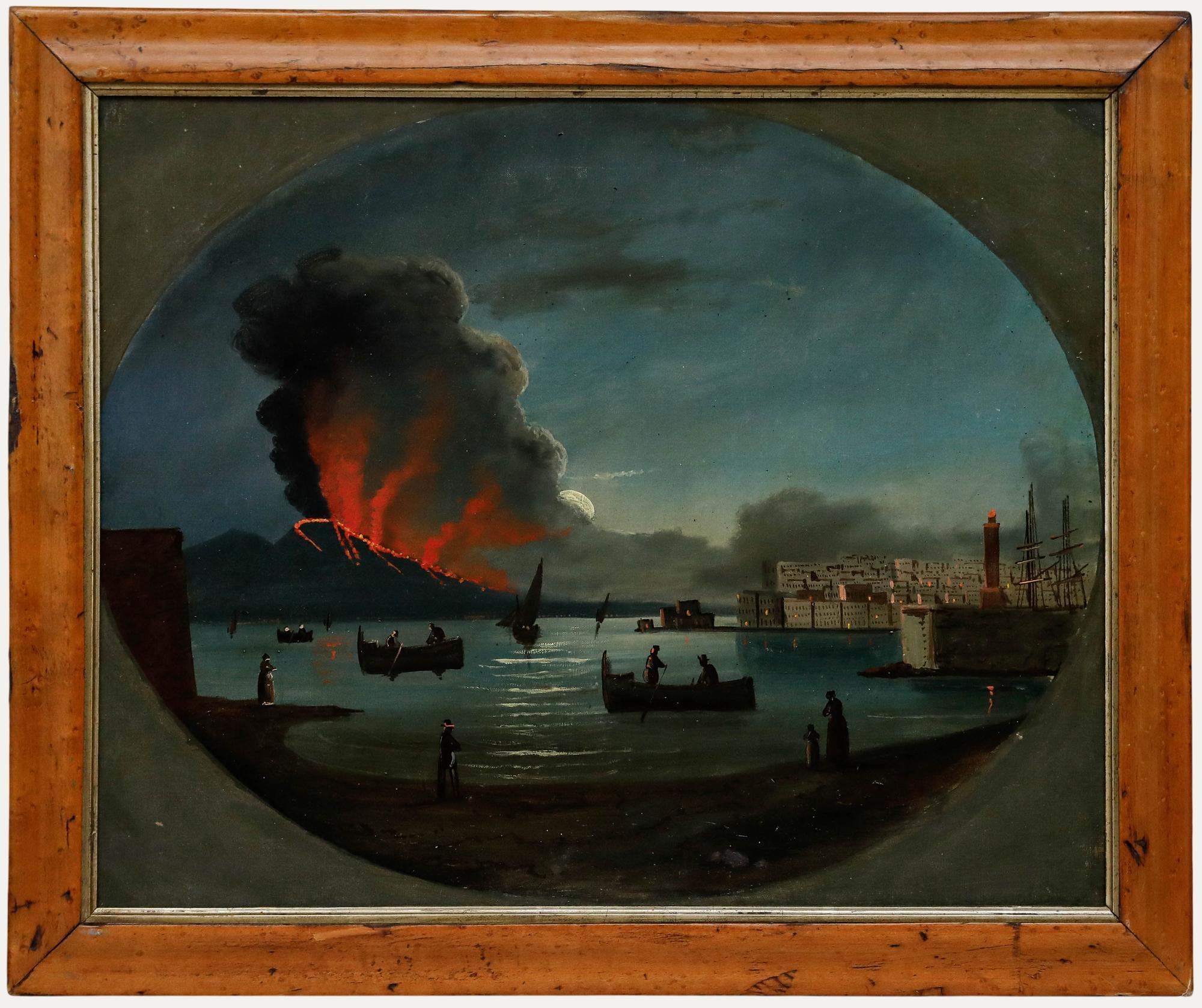 Huile de l'école napolitaine du XIXe siècle - Vésuve en éruption
