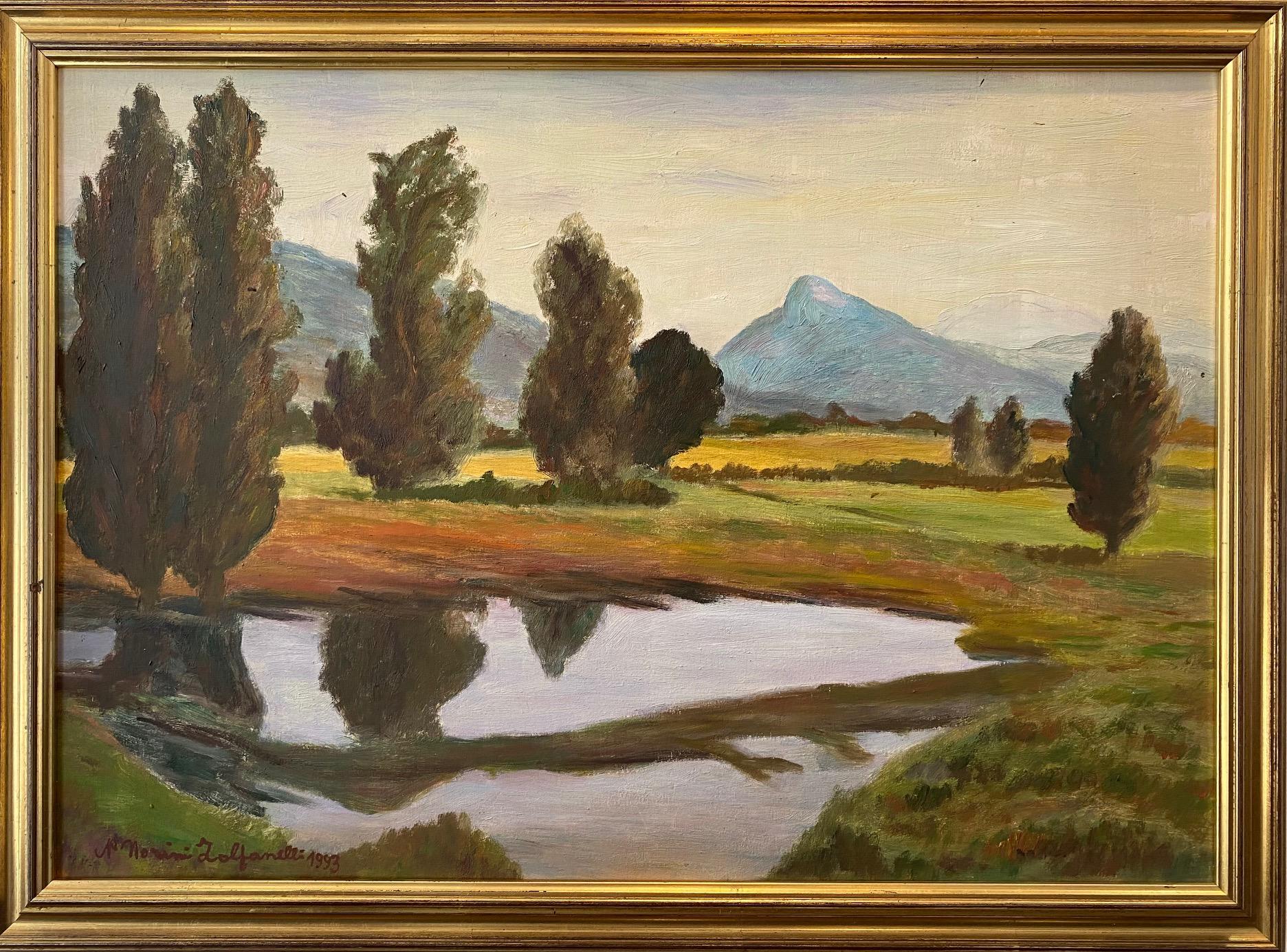 Unknown Landscape Painting – „Near Jussy, Schweiz“ von Morini Zolfanelli - Öl auf Holz 46x65 cm