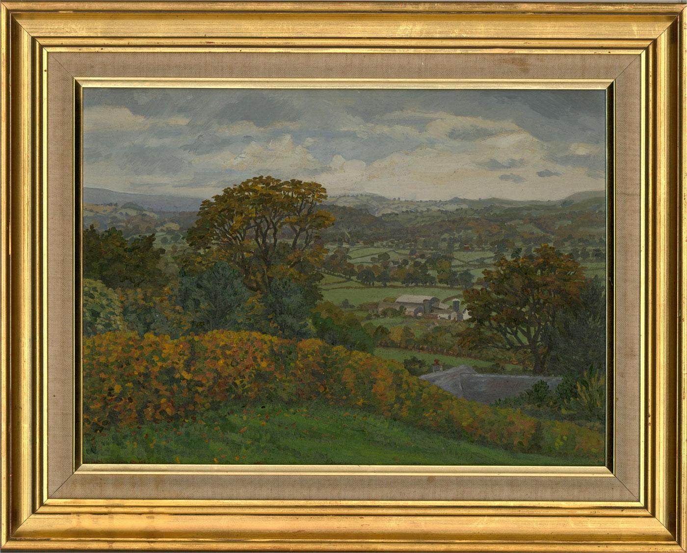 A fine topographical landscape in oil showing an expansive view across the vale of Clwyd, Wales. The artist has wonderfully captured the steely sky and golden leaves of an overcast, Autumn afternoon. The painting has been signed and dated (partially