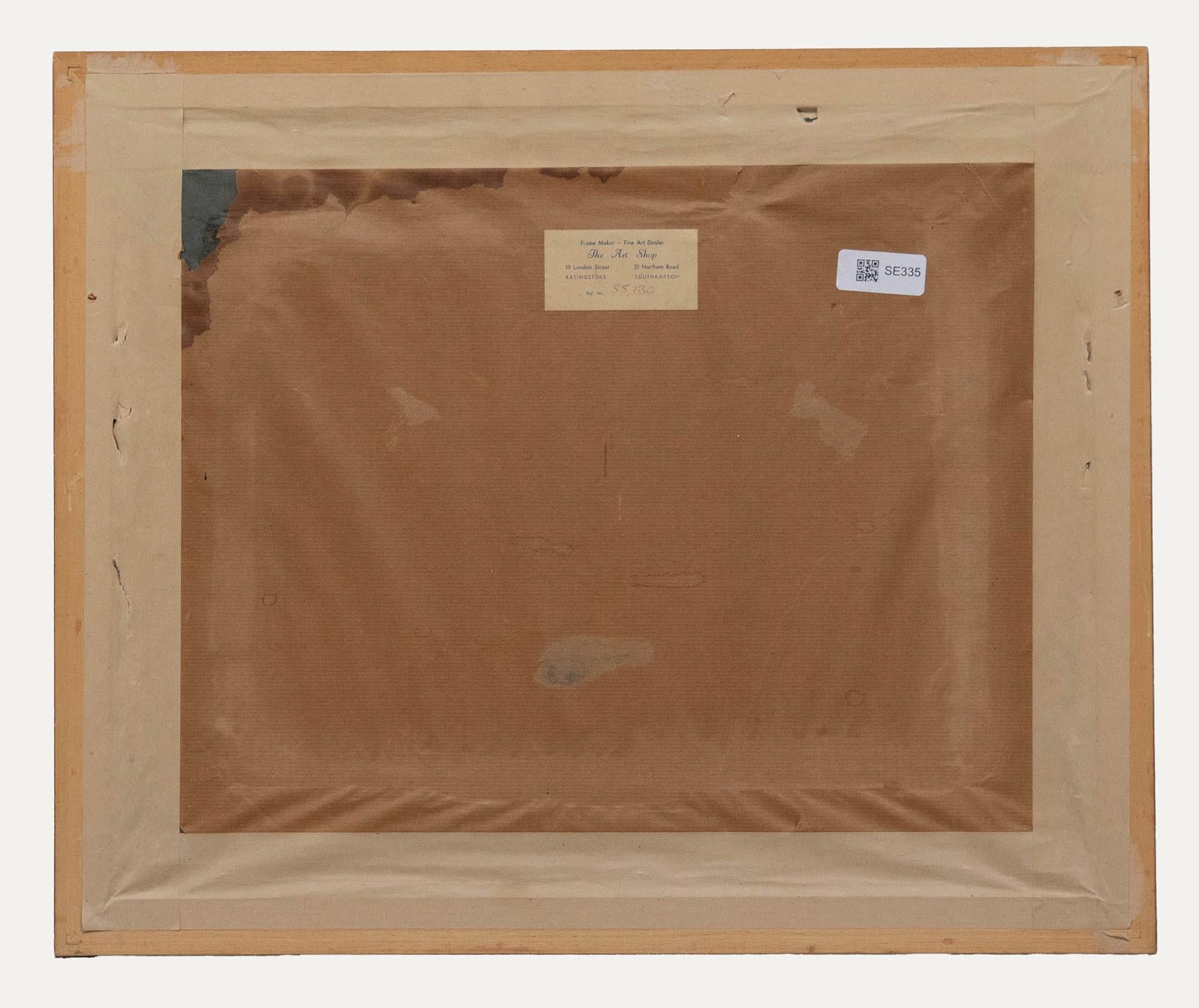 Signed to the lower left. Presented in a wooden frame. On board.