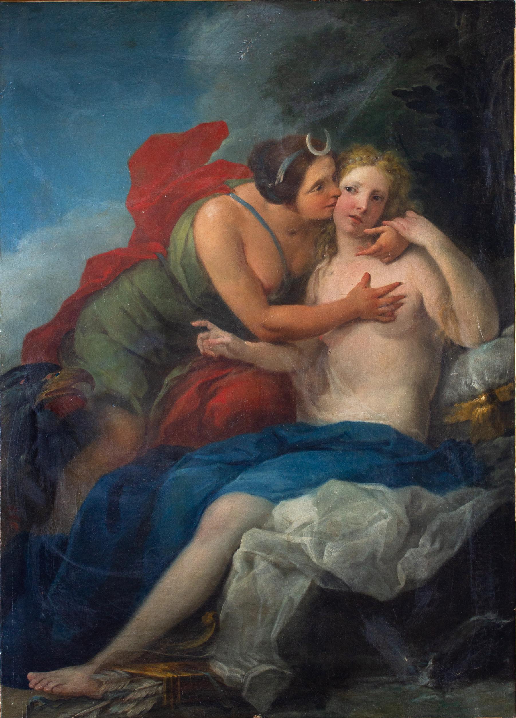 Unknown Figurative Painting - Neoclassic Mythological Painting Jupiter Seduce Callisto 