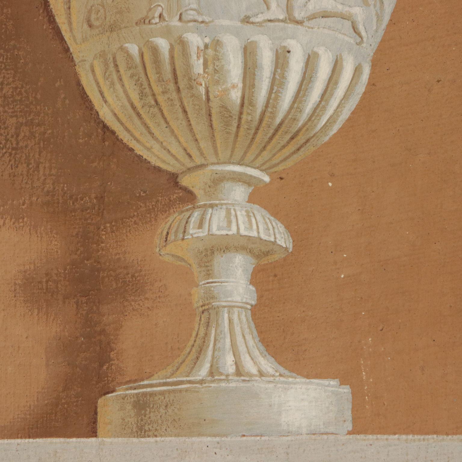 Tempera on canvas. Decorative element from a Lombard mansion house. It depicts a vase decorated with a Neoclassical scene depicting figures and friezes. The style underlines the plasticity of the element like it was a real marble vase on its base