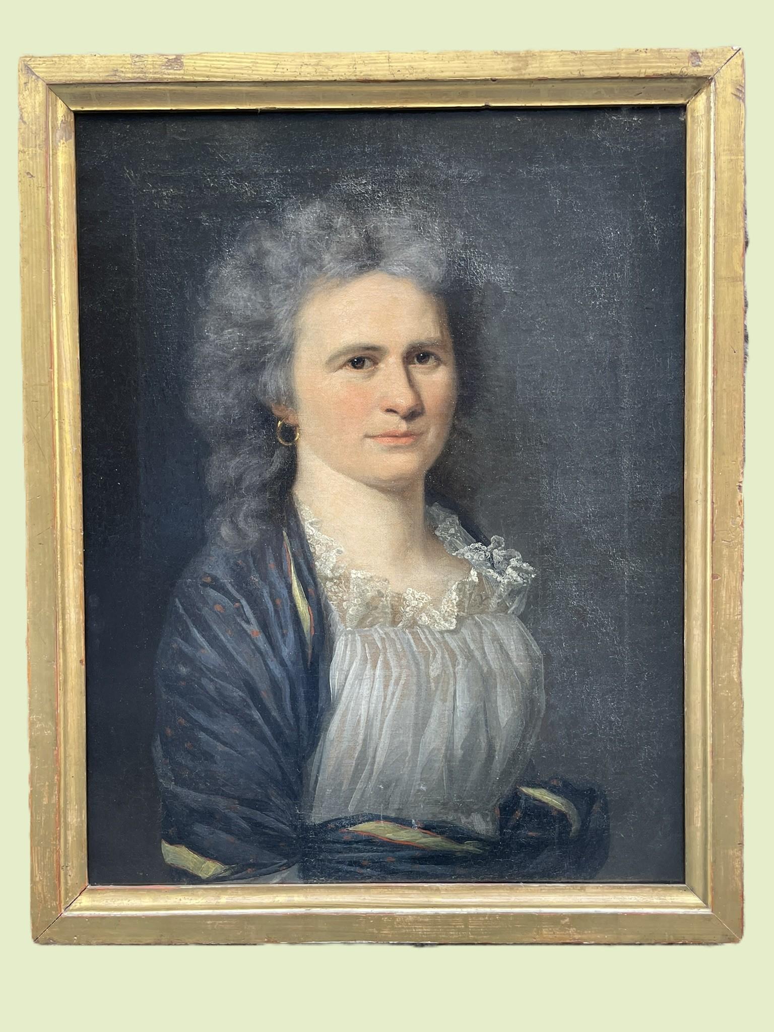 Neoclassical Female Portrait. Chemise à la reine and Shawl. Germany, ca 1790 - Painting by Unknown