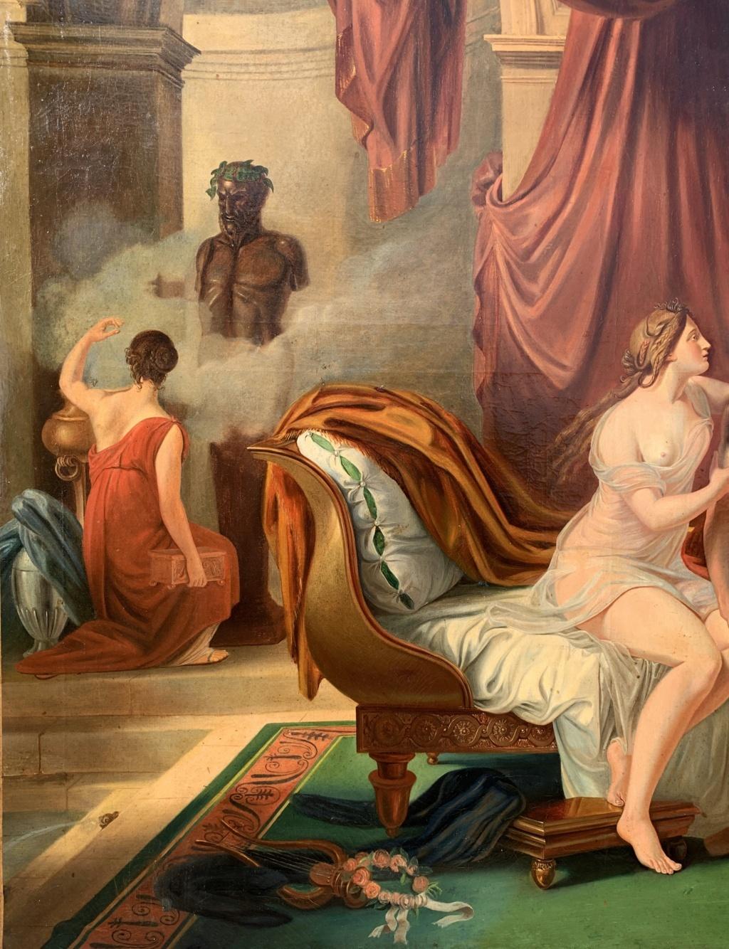 Pittore neoclassico (XIX secolo) - La scelta dell'eroe romano tra il Vizio e la Virtù.

120 x 165 cm.

Antico dipinto a olio su tela, senza cornice.

Rapporto sulle condizioni: Tela originale (alcune toppe visibili sul retro). Buono stato di