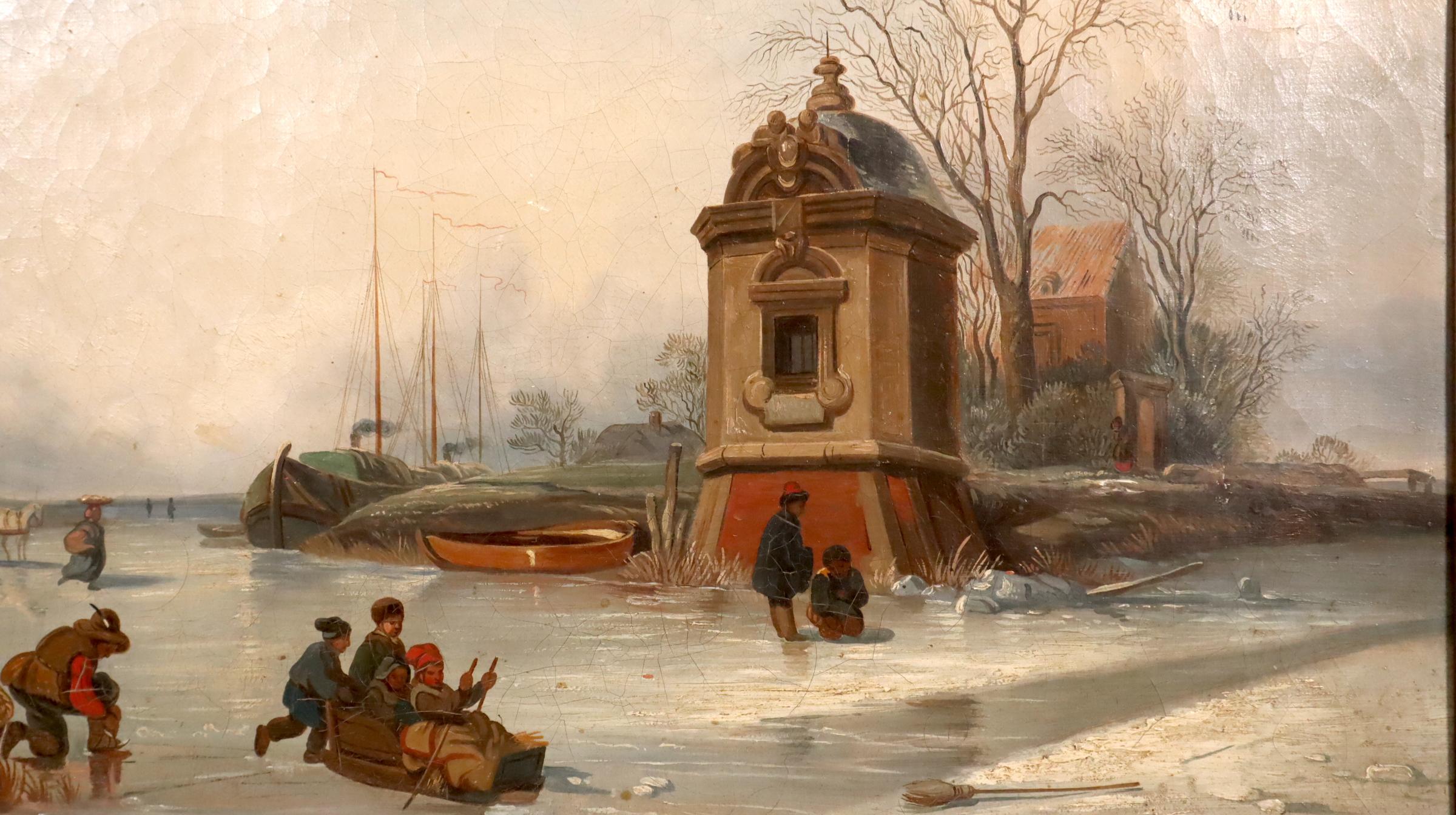 Netherlands canal in winter with Dutch skaters sleds windmill and barges Holland - Beige Landscape Painting by Unknown
