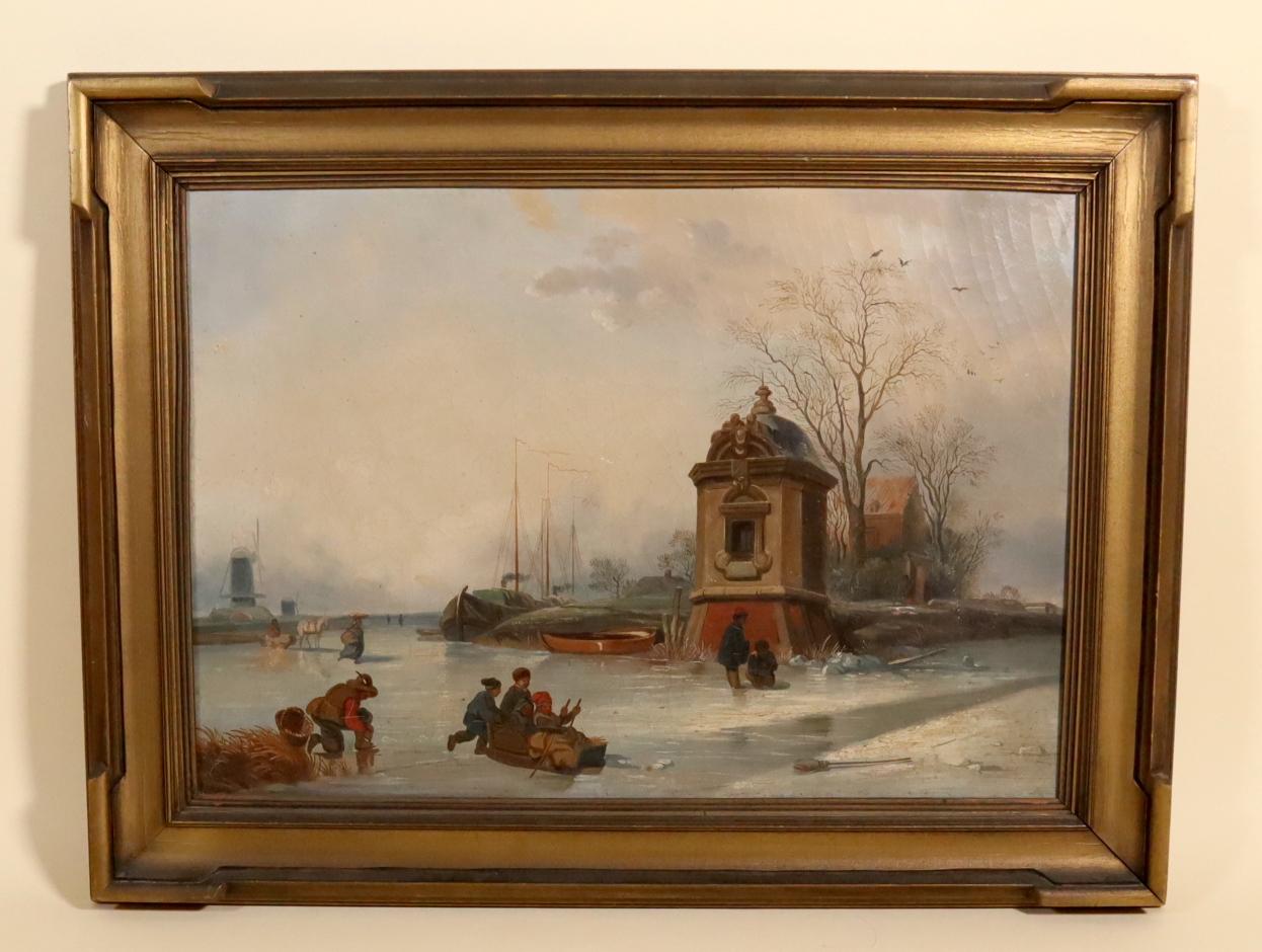 Dutch winter landscape.  A frozen canal with skaters, sled, and more.  A windmill and barge in the distance.  On the opposite shore are buildings.  
Image (sight): 12 1/4 x 17 1/2 inches; frame: 16 3/4 x 22 1/4 inches.
Craquelure throughout.  Repair