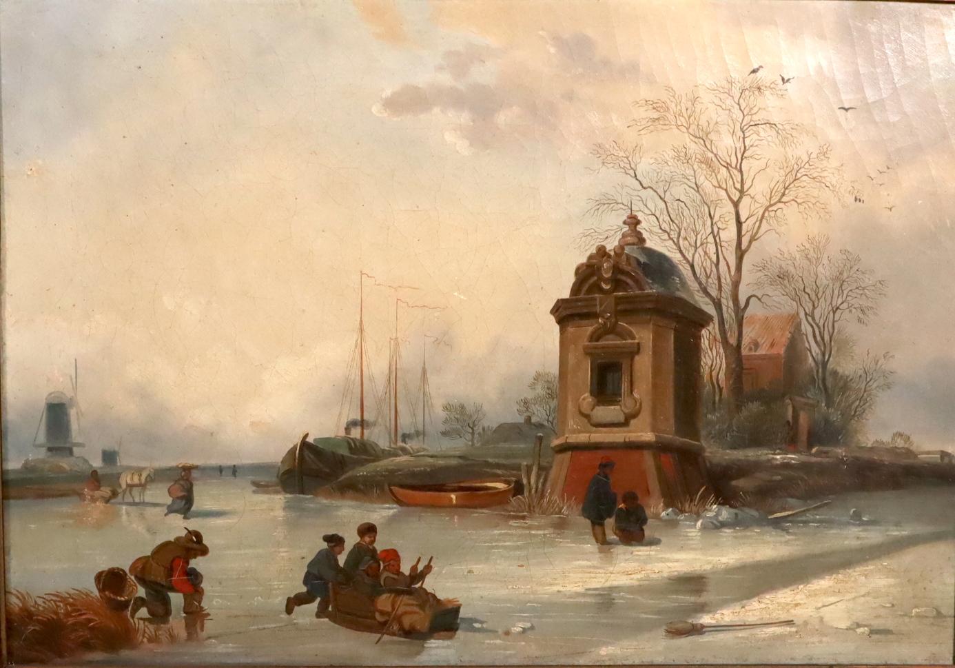 Netherlands canal in winter with Dutch skaters sleds windmill and barges Holland - Painting by Unknown