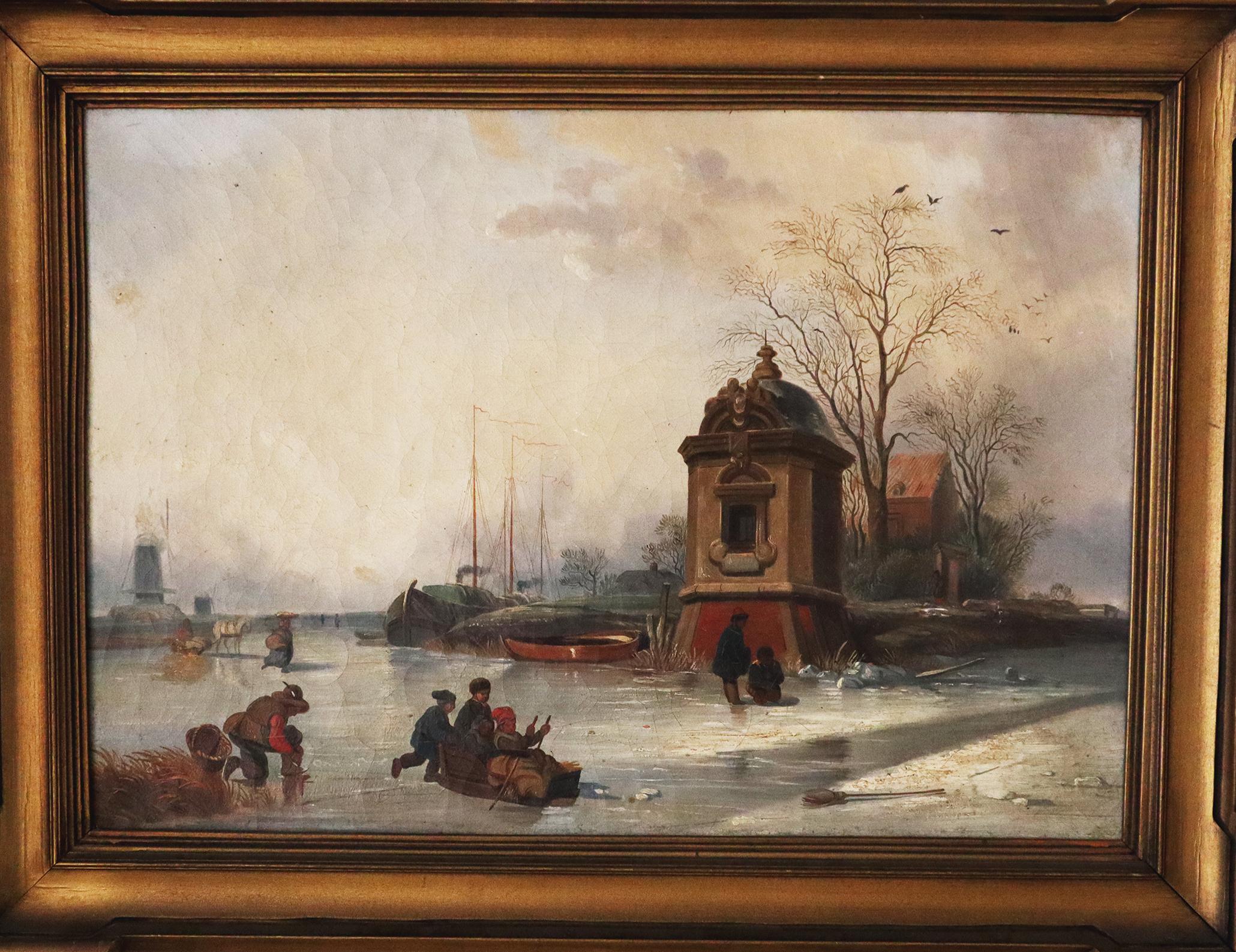 Unknown Landscape Painting - Netherlands canal in winter with Dutch skaters sleds windmill and barges Holland
