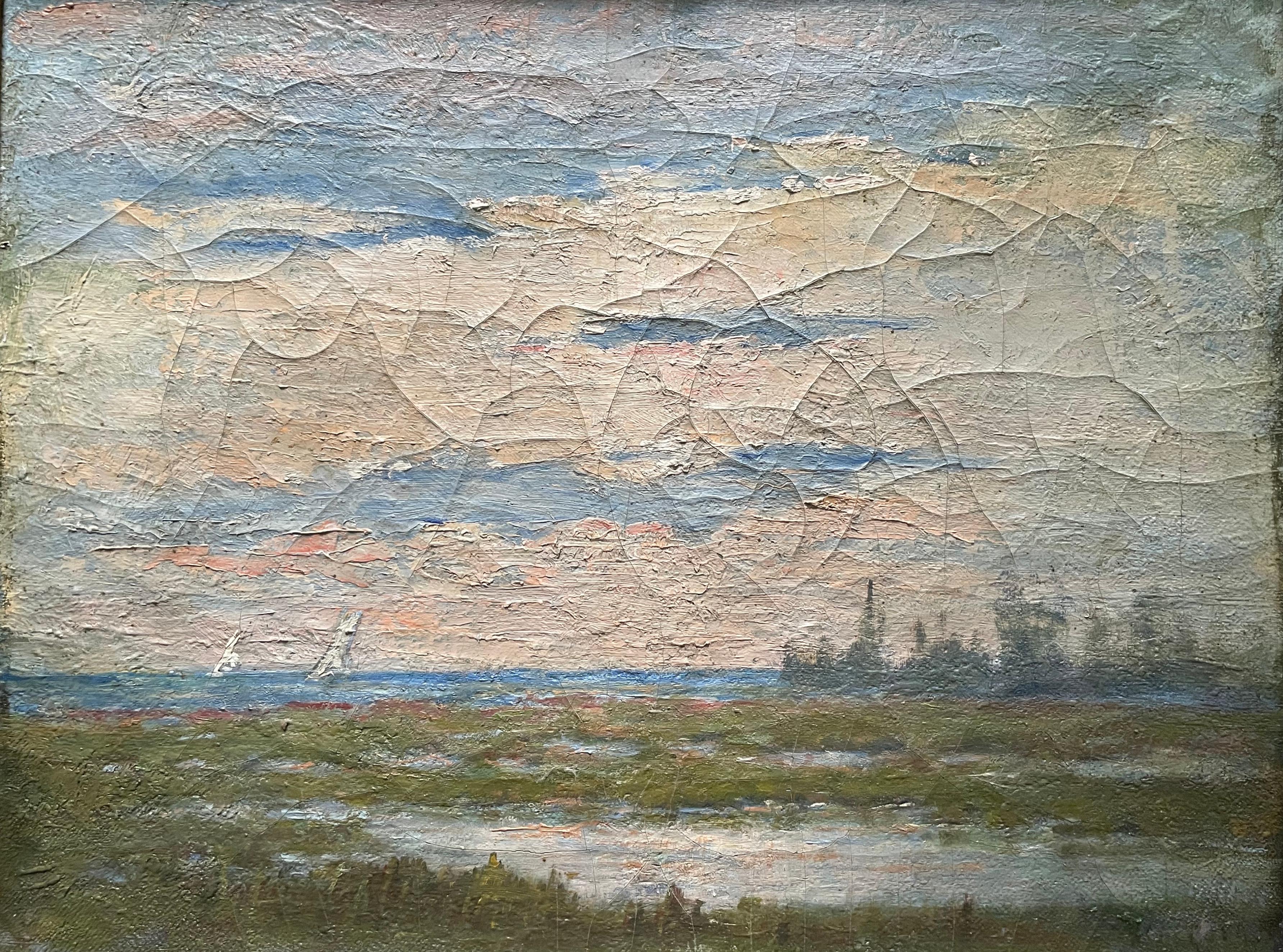 New England Coastline.  Connecticut shore painting in oil with marsh grasses and sailboats in the distance, and salty ocean air almost palpable this painting is a perfect note for transmitting a littoral atmosphere whether at the beach or longing to