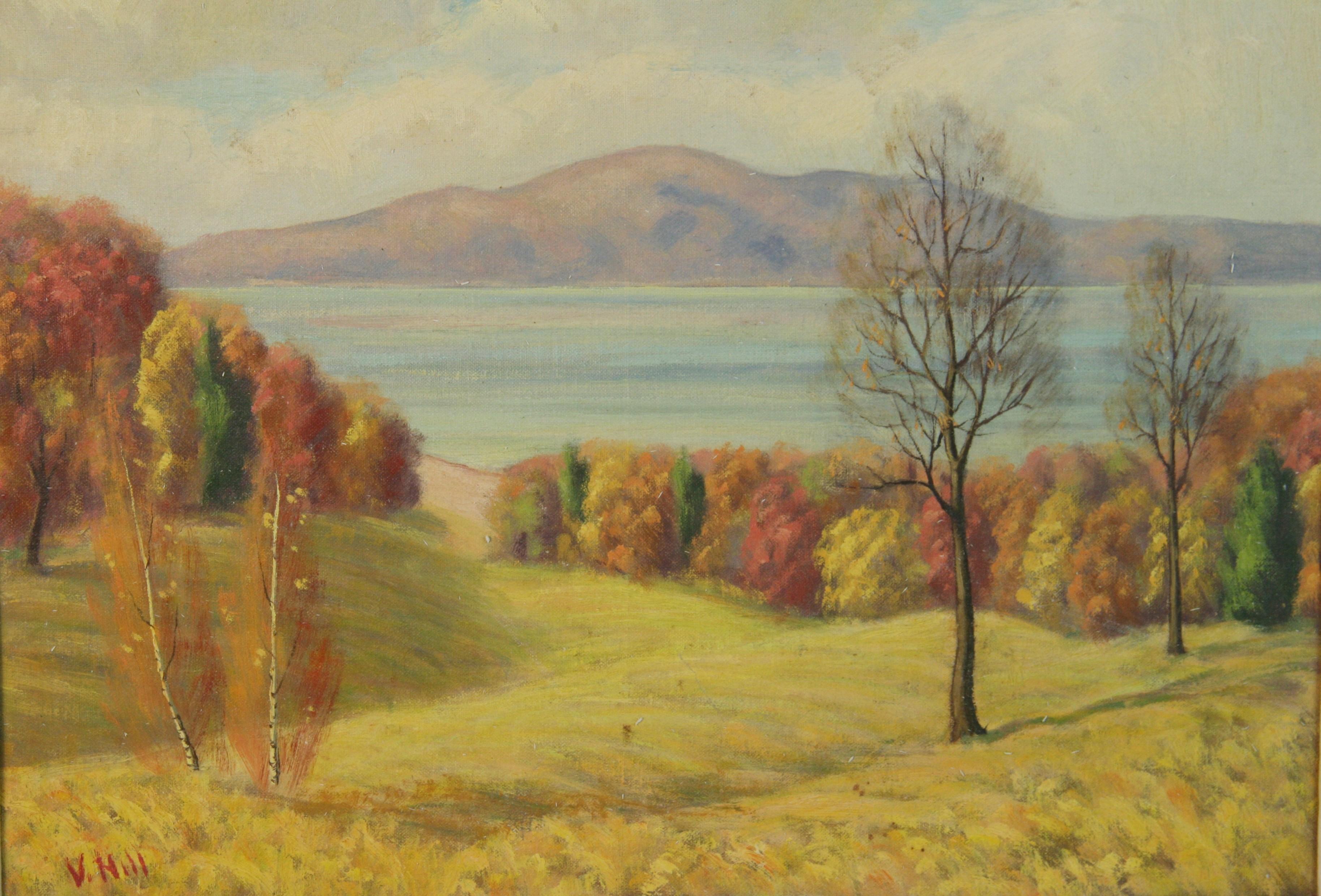 Neuengland Herbst  Landschaft am See (Braun), Landscape Painting, von Unknown
