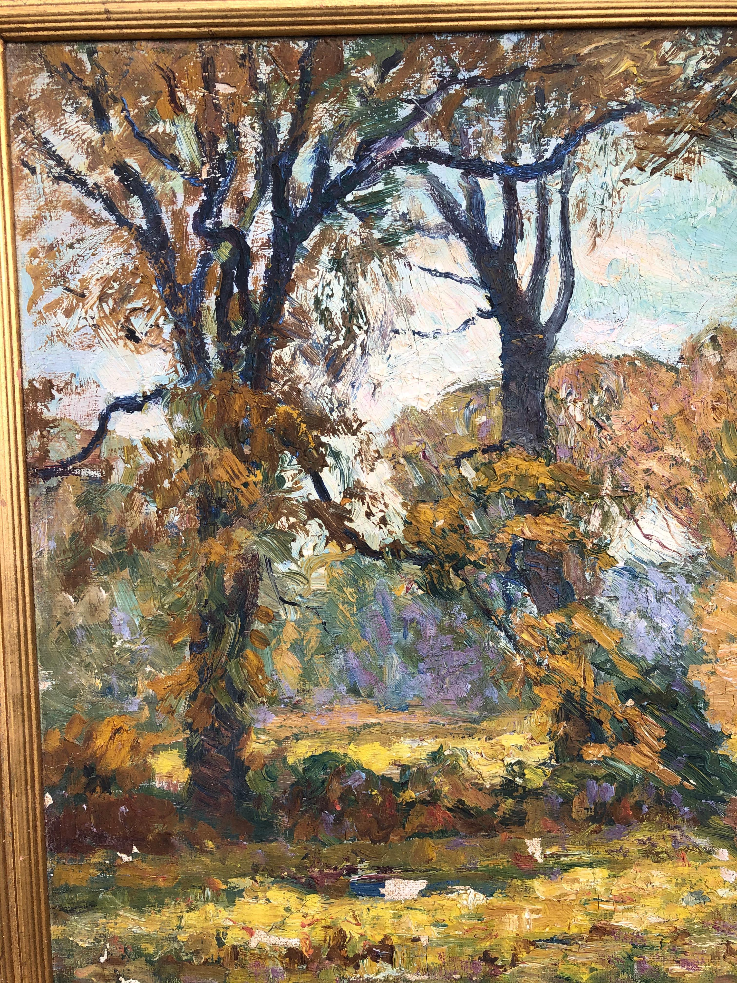 Bit of a mystery here. Fabulous American impressionist landscape appears to be unsigned. It is titled on the back old friends which I assume refers to the trees. I heavy impasto and broken brushstrokes make this a really well done New England