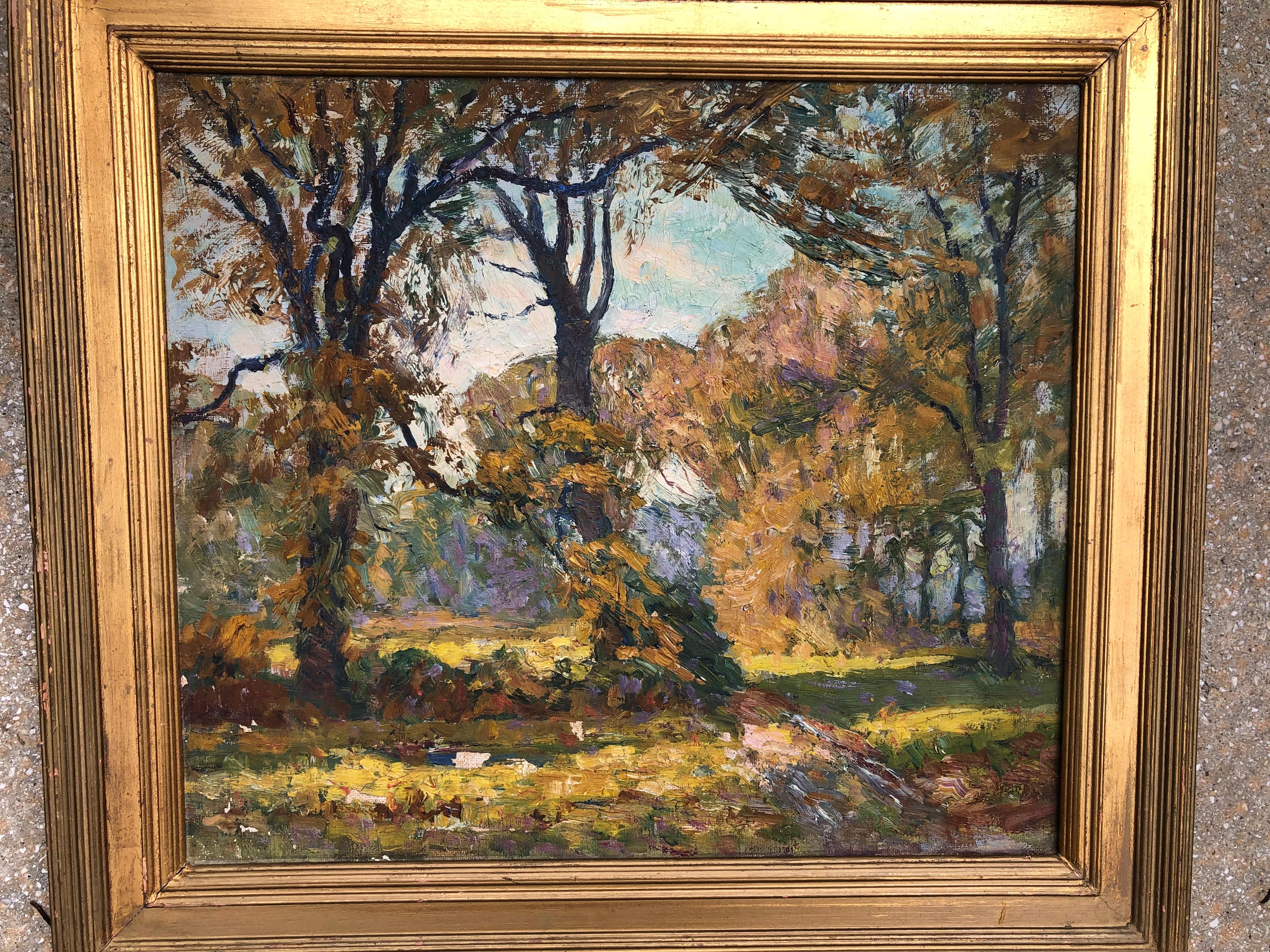 Landscape Painting di Unknown - Impressionista americano "Vecchi amici