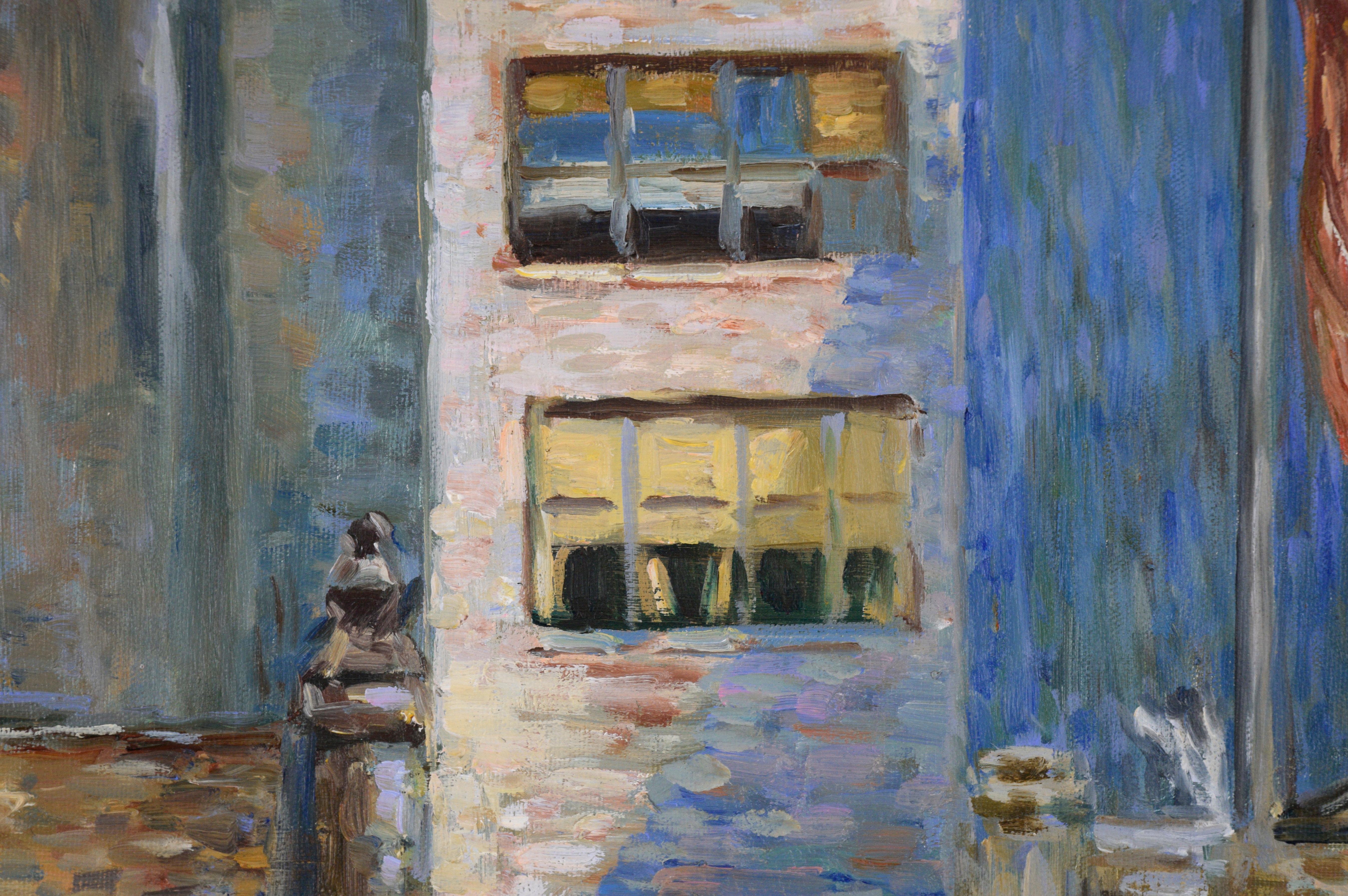 Dramatische Skyline von unbekanntem Künstler Cole (20. Jahrhundert). Eine Reihe von Wohnhäusern ist in kurzen, farbigen Pinselstrichen, fast in einem pointillistischen Stil, wiedergegeben. Neben den Gebäuden hängt eine amerikanische Flagge an einem
