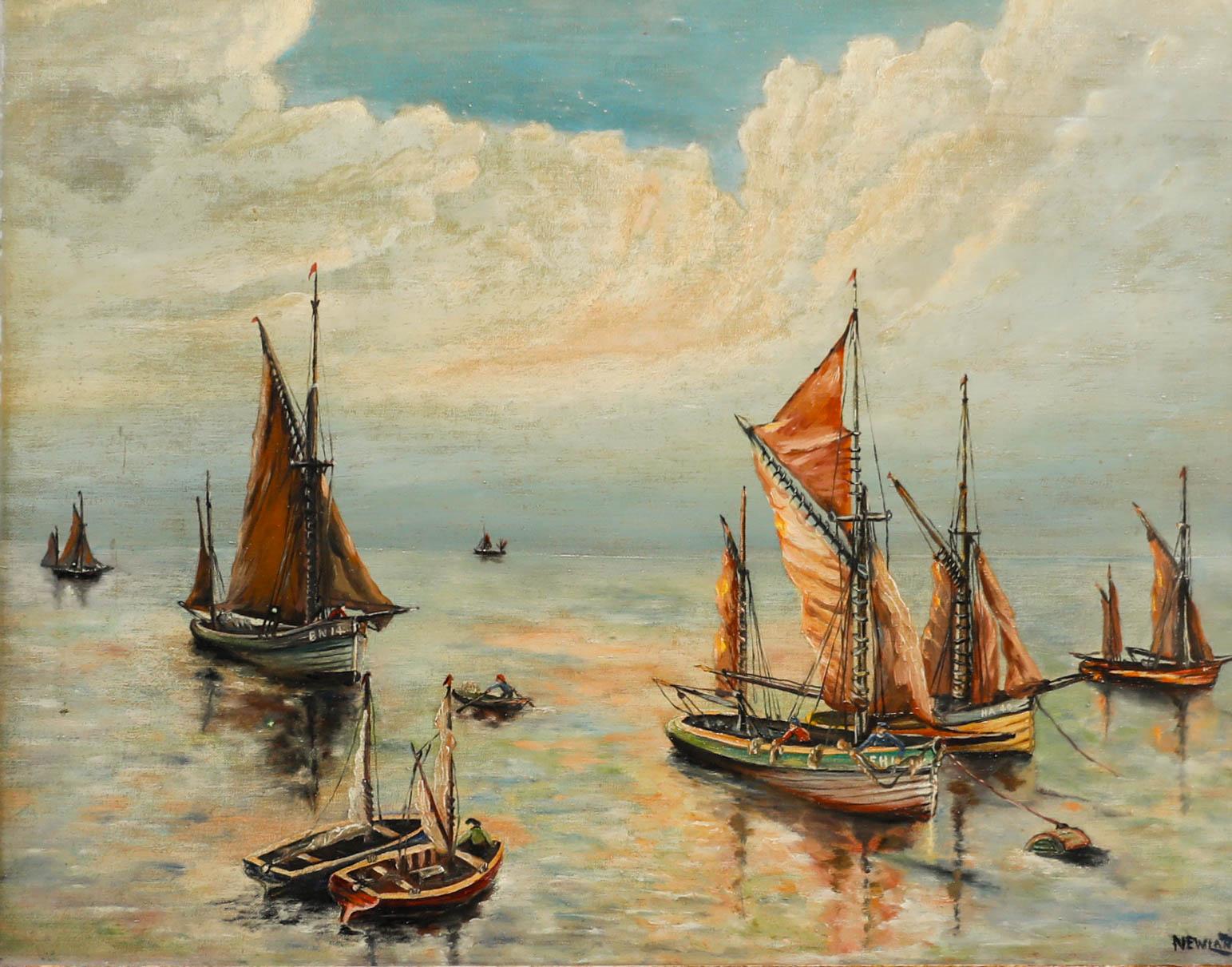 Newland - Óleo de mediados del siglo XX, Barcos de pesca en aguas tranquilas - Painting de Unknown