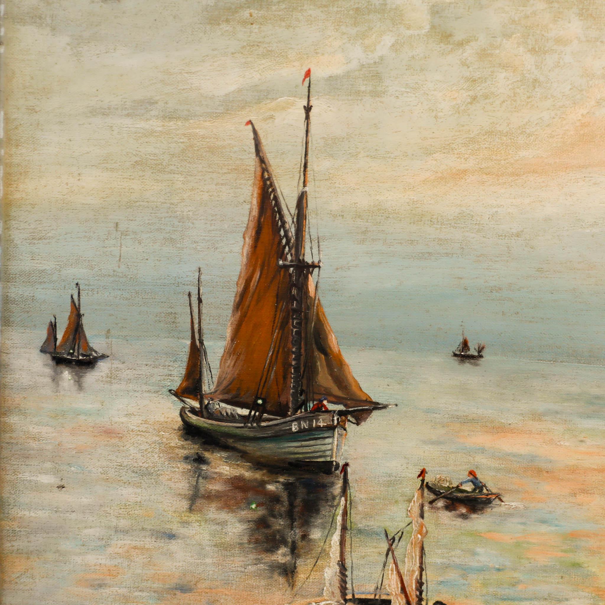 Newland - Óleo de mediados del siglo XX, Barcos de pesca en aguas tranquilas 1