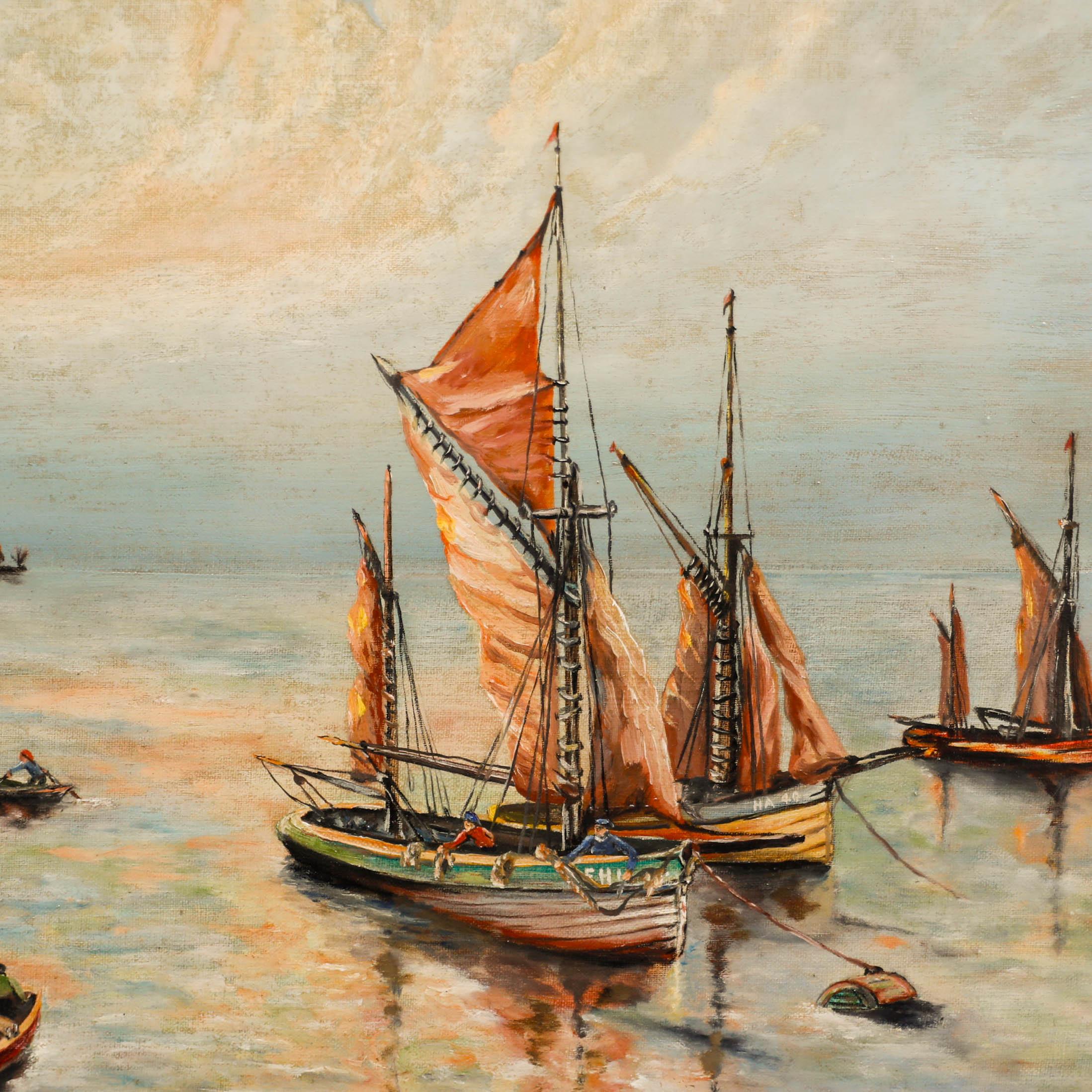 Newland - Óleo de mediados del siglo XX, Barcos de pesca en aguas tranquilas 2