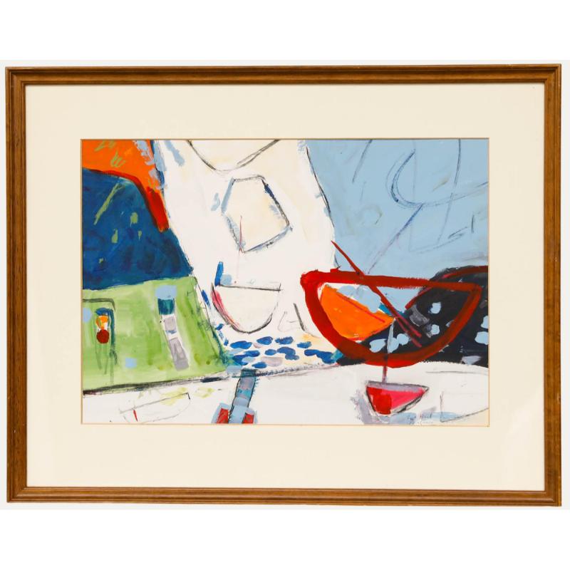 Unknown Abstract Painting – Newlyn School Zeitgenössisches Öl - Rotes Boot, Penzance