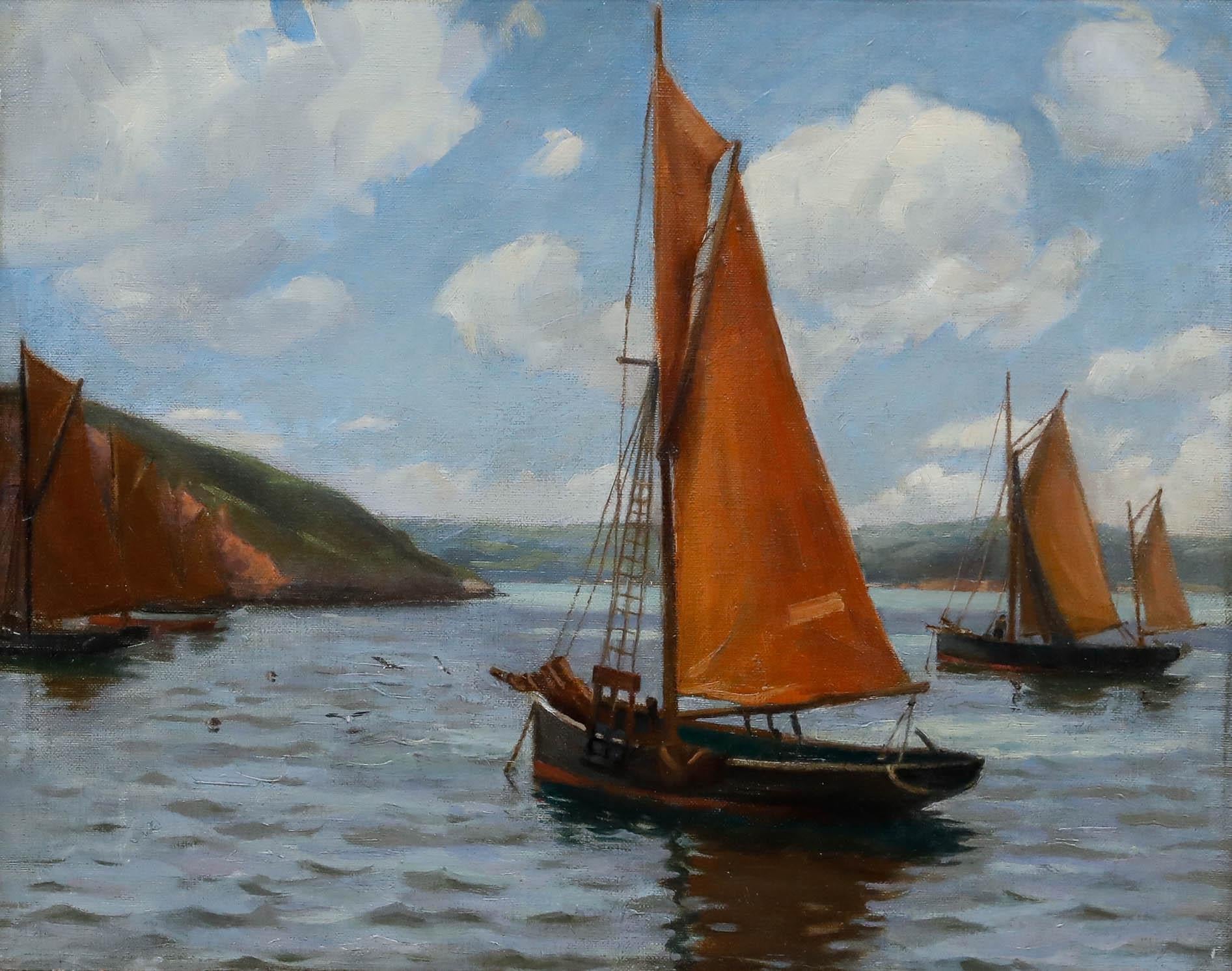 Newlyn School Early 20th Century Oil - Boats on Calm Waters - Painting by Unknown