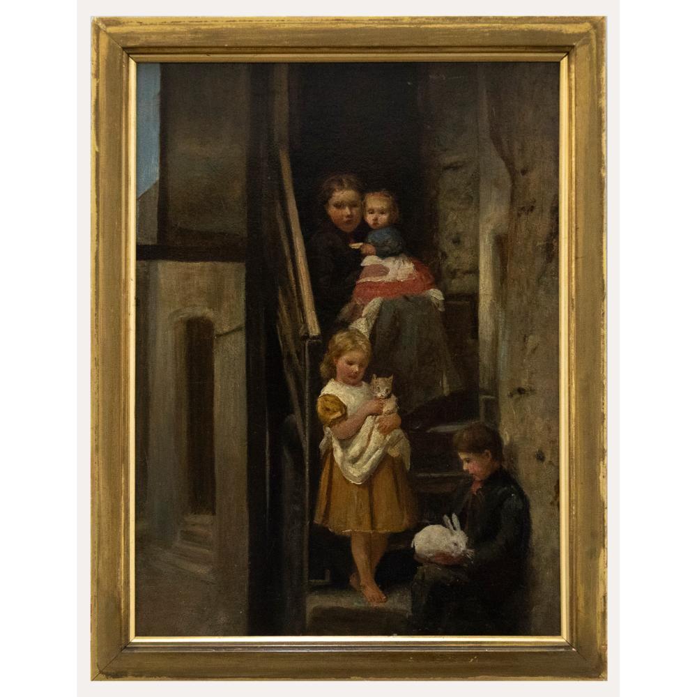 Figurative Painting Unknown - Huile de la fin du XIXe siècle de l'école de Newlyn - La famille du pêcheur