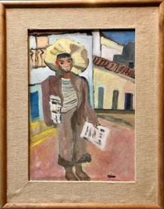 Newspaper Boy, Mexican Mid Century Naive Folk Art Oil Painting