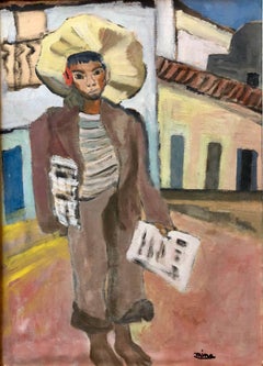 Newspaper Boy, Mexican Mid Century Naive Folk Art Oil Painting
