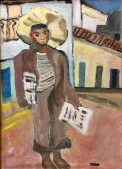 Newspaper Boy, Mexican Mid Century Naive Folk Art Oil Painting 