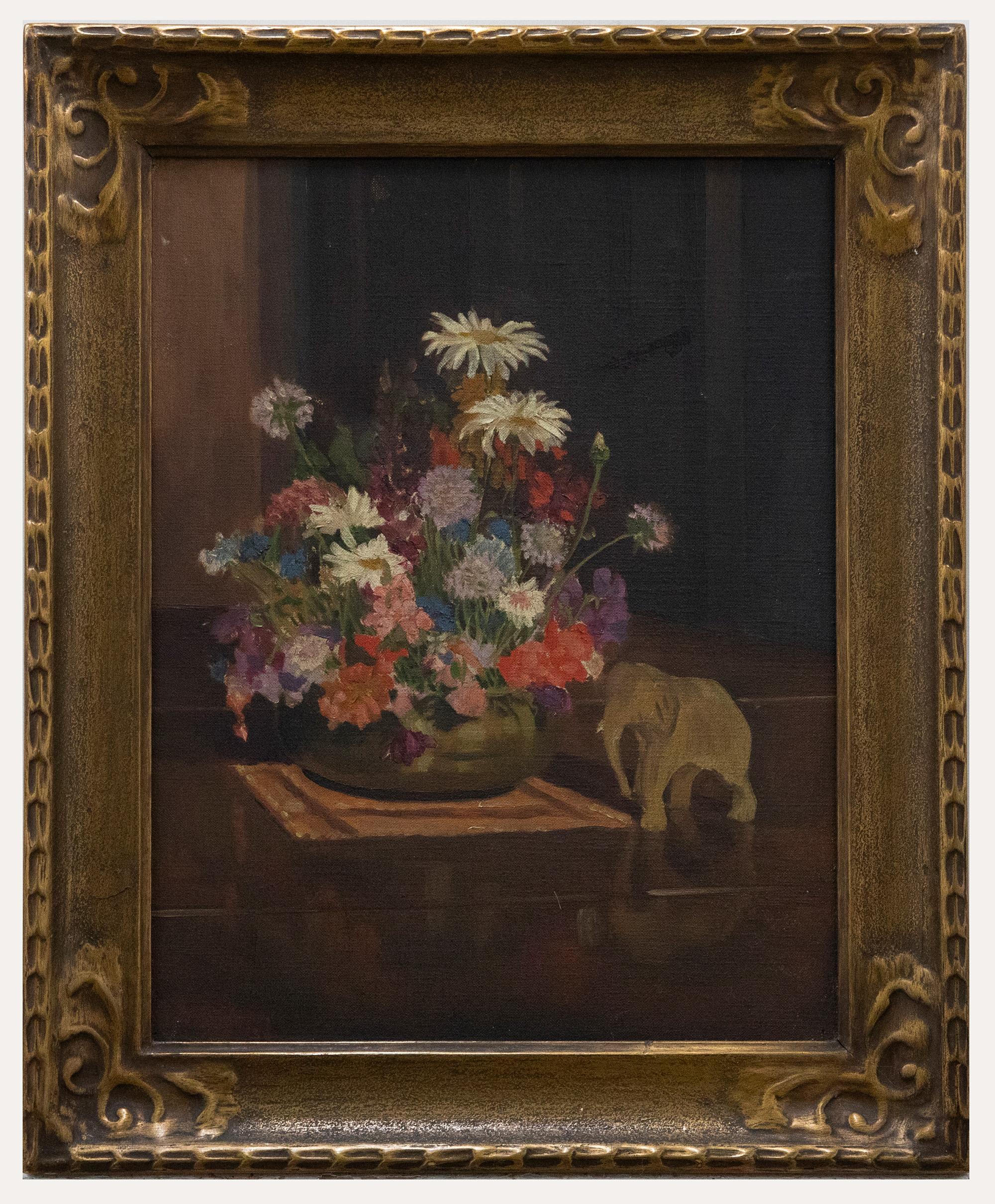 Still-Life Painting Unknown - N.F. Shelton - 1930, huile, fleurs sauvages avec ornement d'éléphant