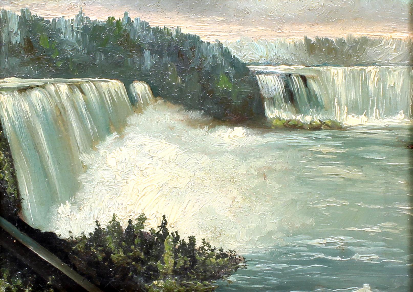 Antique American Niagara Falls painting. Gorgeous pink hues in the late afternoon illuminate the Falls making a wonderful and sought after subject.