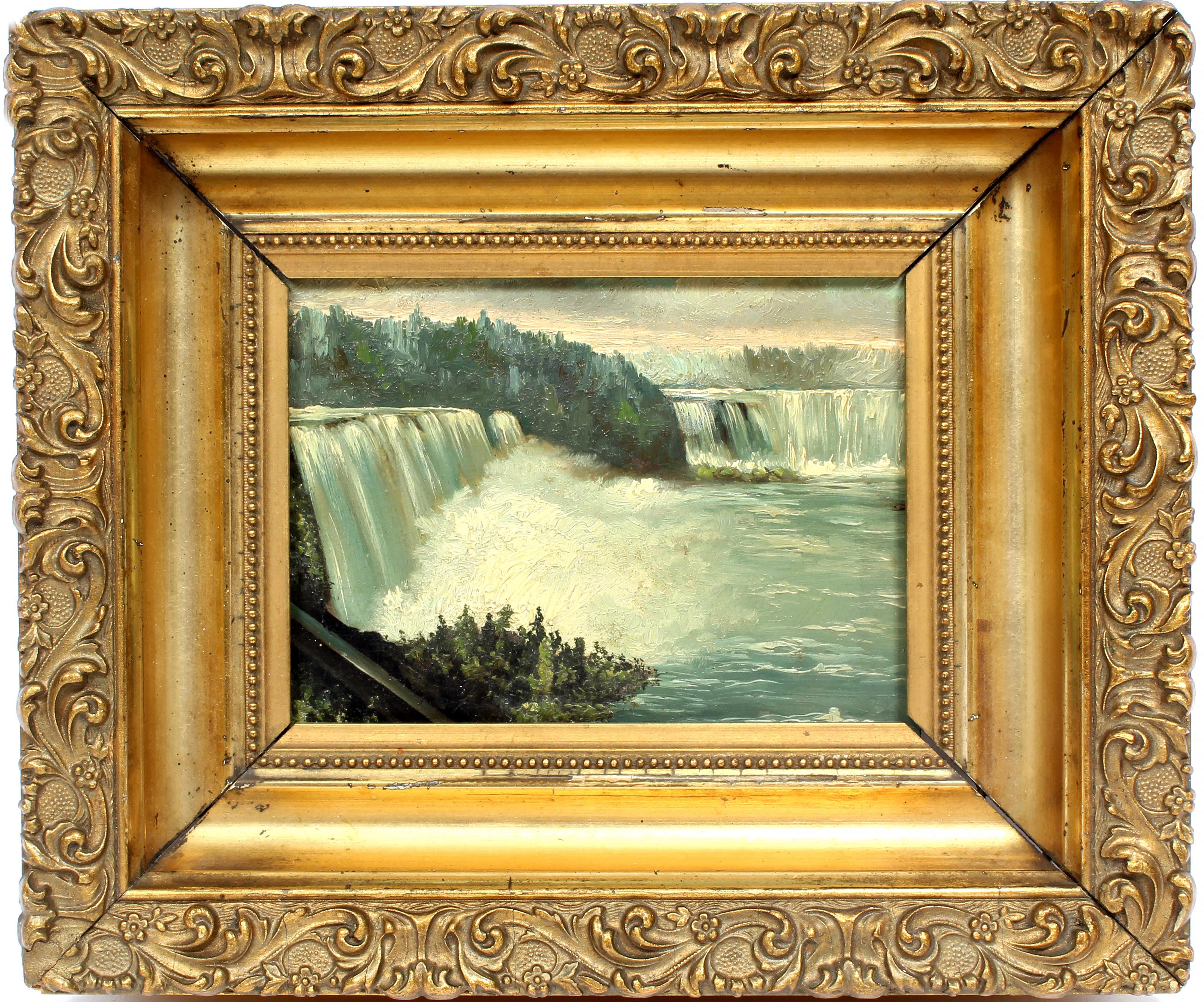 Unknown Landscape Painting - Niagara Falls Oil Painting Antique American Original Frame Maid of the Mist Rare