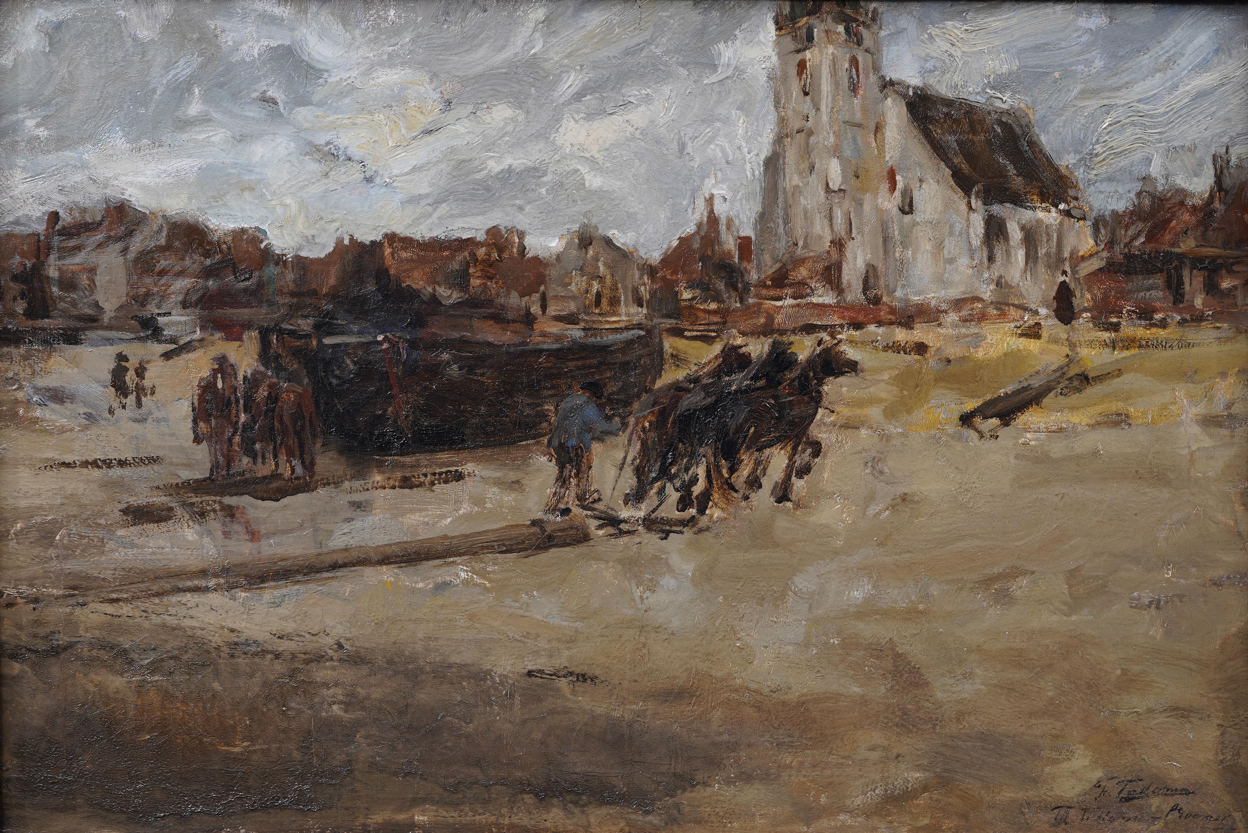 Pittura impressionista firmata con cornice del 19° secolo con paesaggio costiero europeo - Painting Impressionismo di Unknown