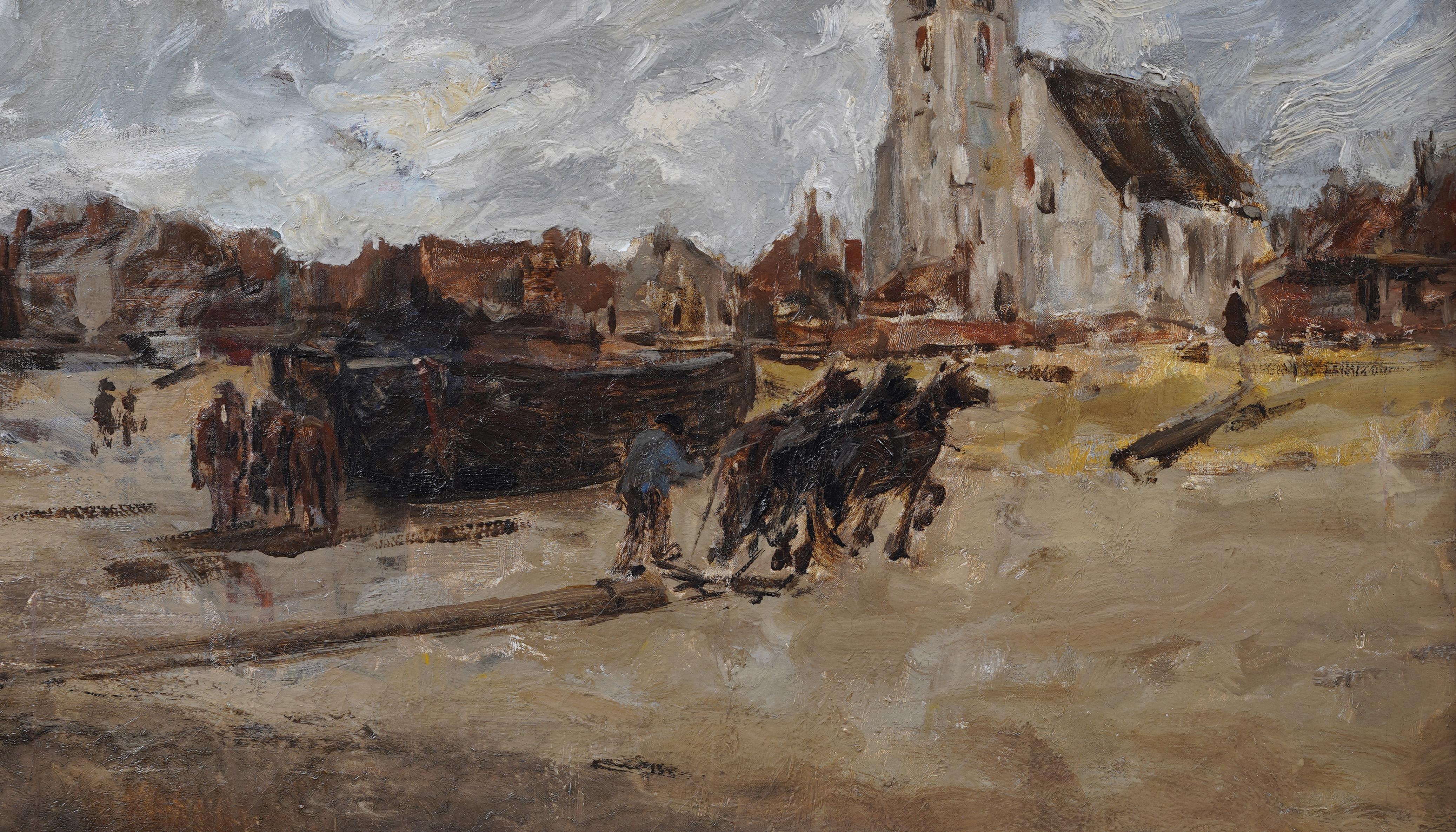 Pittura impressionista firmata con cornice del 19° secolo con paesaggio costiero europeo - Landscape Painting Marrone di Unknown