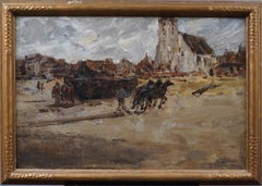 Peinture impressionniste signée du 19e siècle, paysage côtier européen, joliment encadrée.