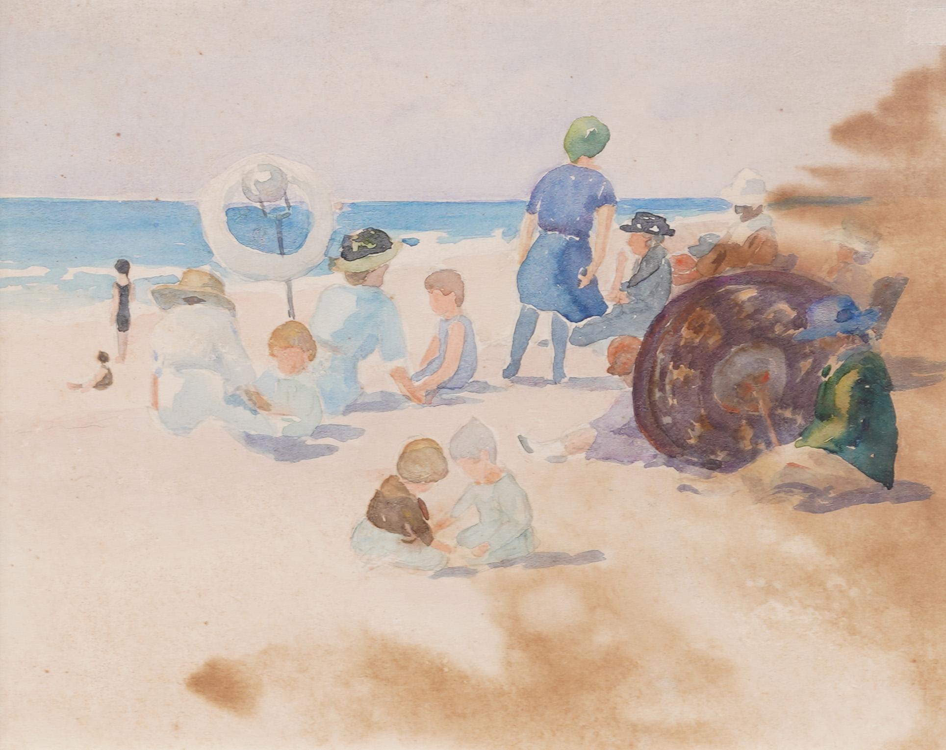 Cuadro Impresionista Americano Antiguo del Siglo XIX, Bien Enmarcado, Escena de Playa - Landscape Painting Beige de Unknown