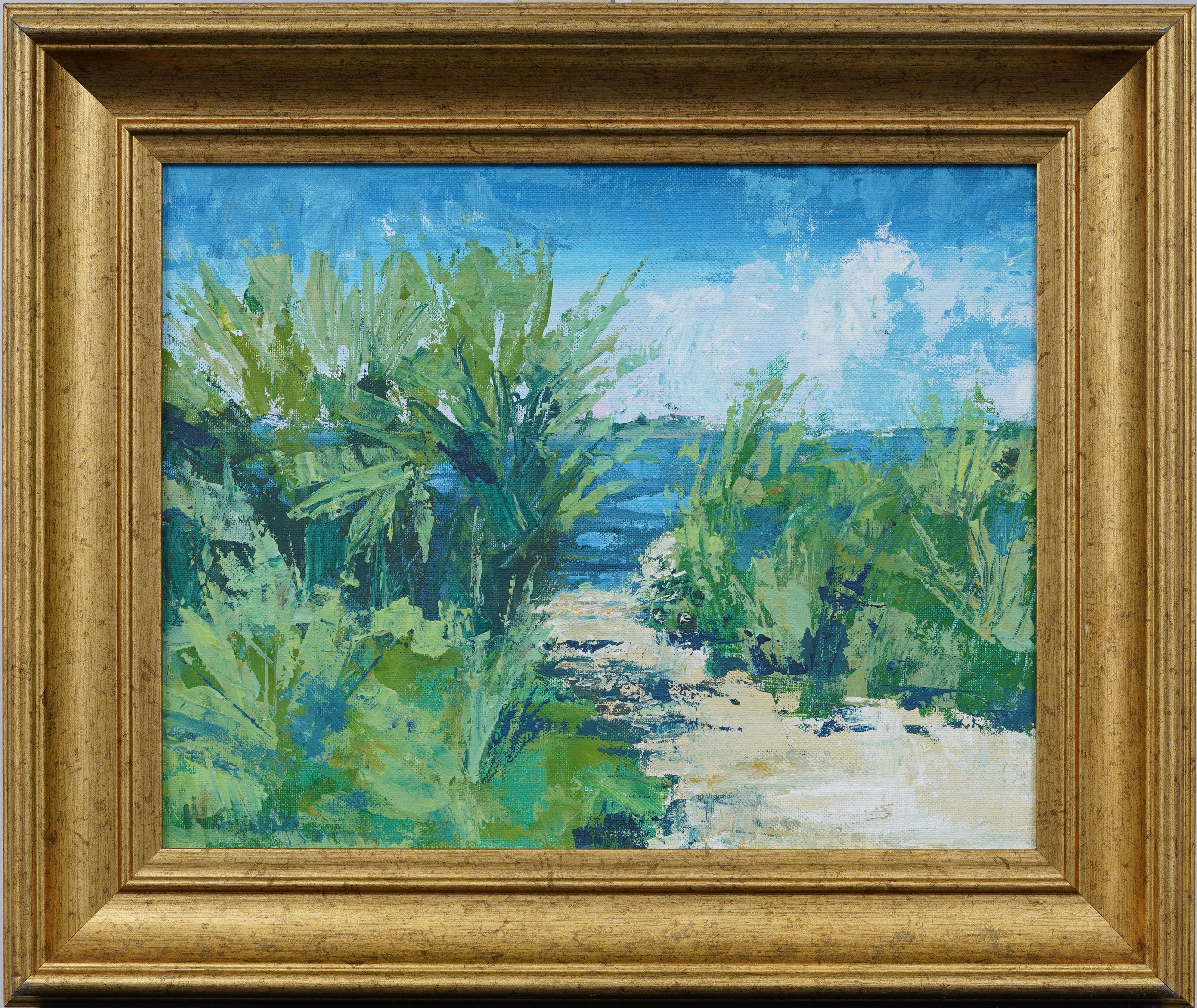 Scena di spiaggia tropicale impressionista americana ben incorniciata con cornice in legno dorato - Painting di Unknown