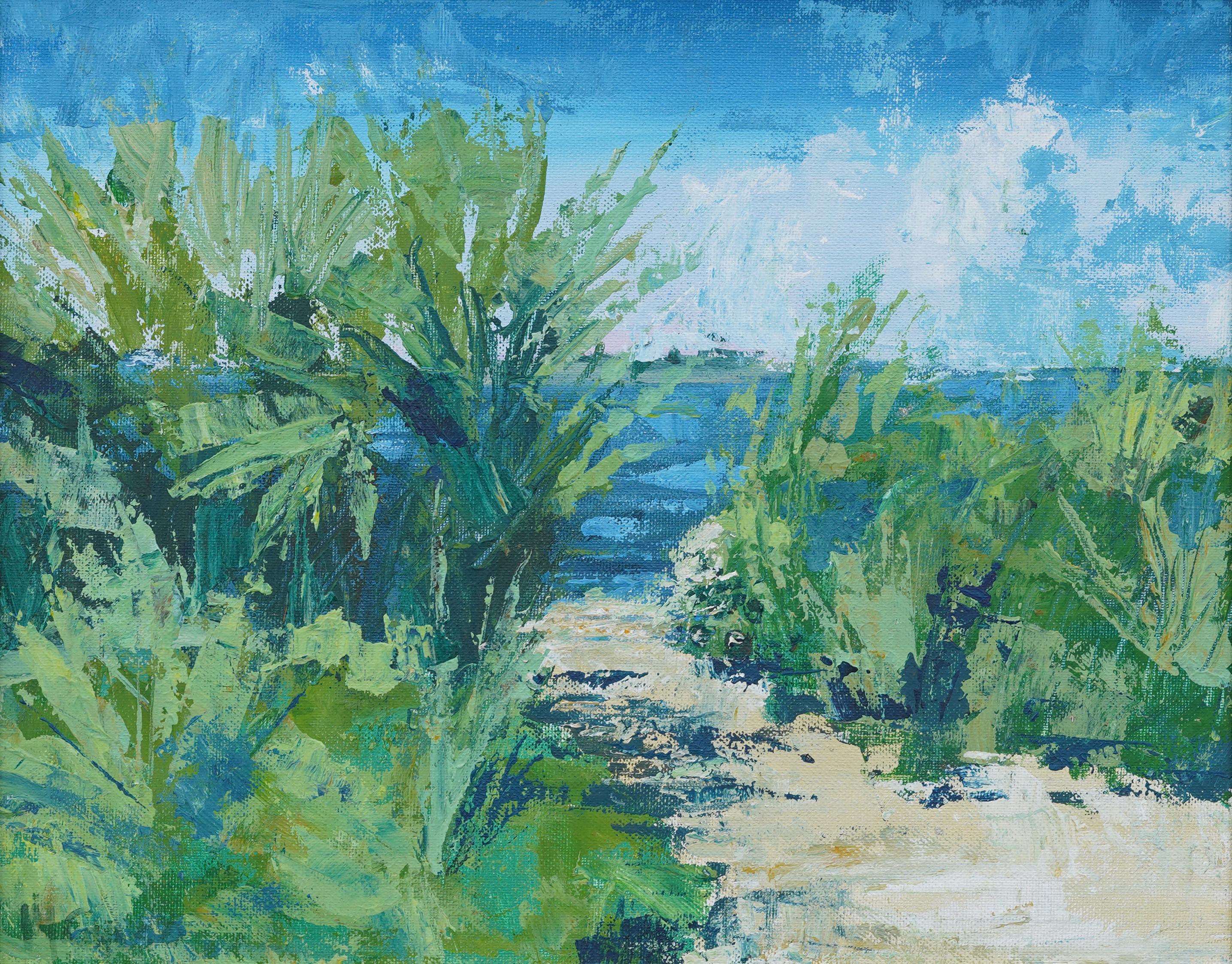 Scena di spiaggia tropicale impressionista americana ben incorniciata con cornice in legno dorato - Painting Impressionismo di Unknown