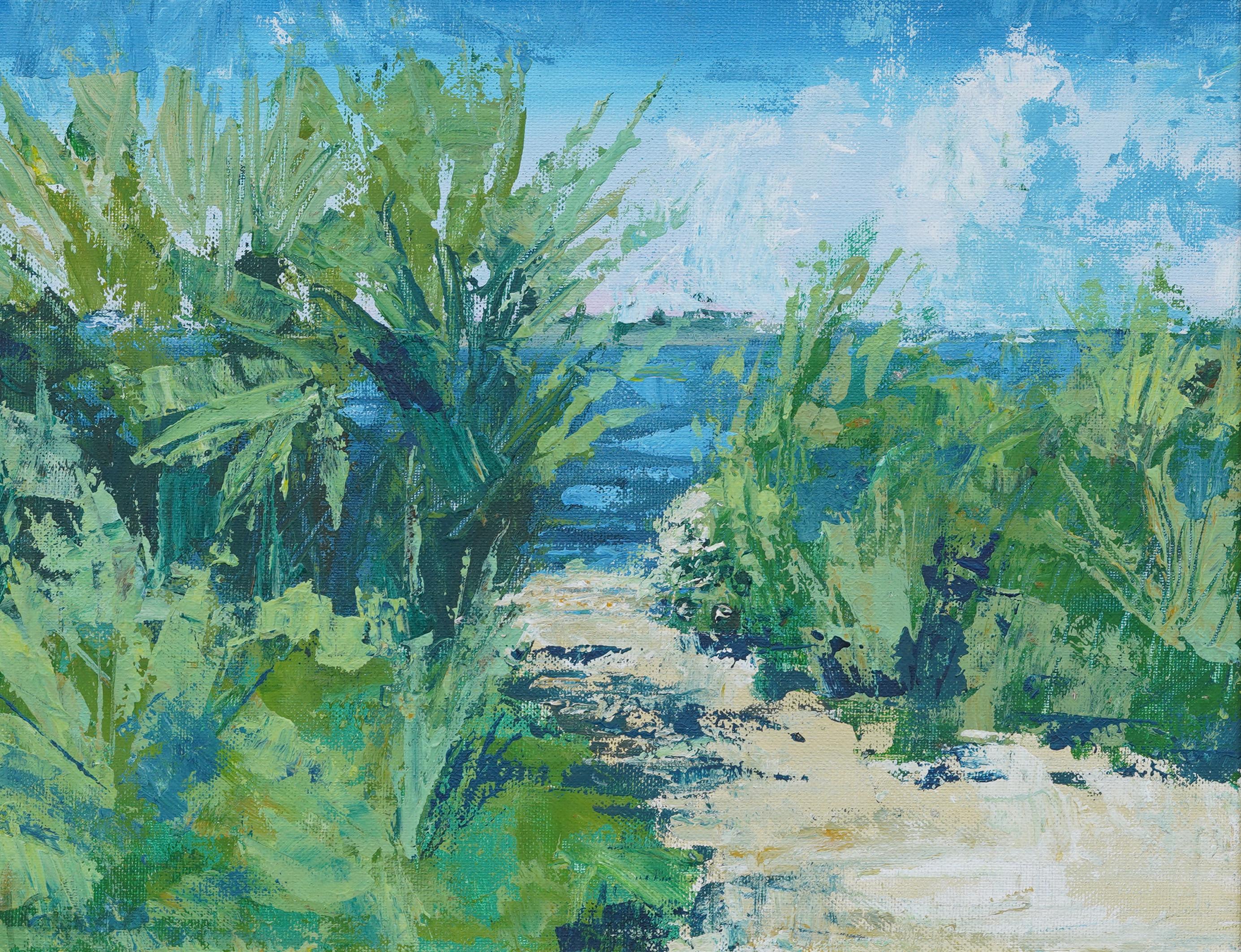 Scena di spiaggia tropicale impressionista americana ben incorniciata con cornice in legno dorato - Abstract Painting Grigio di Unknown