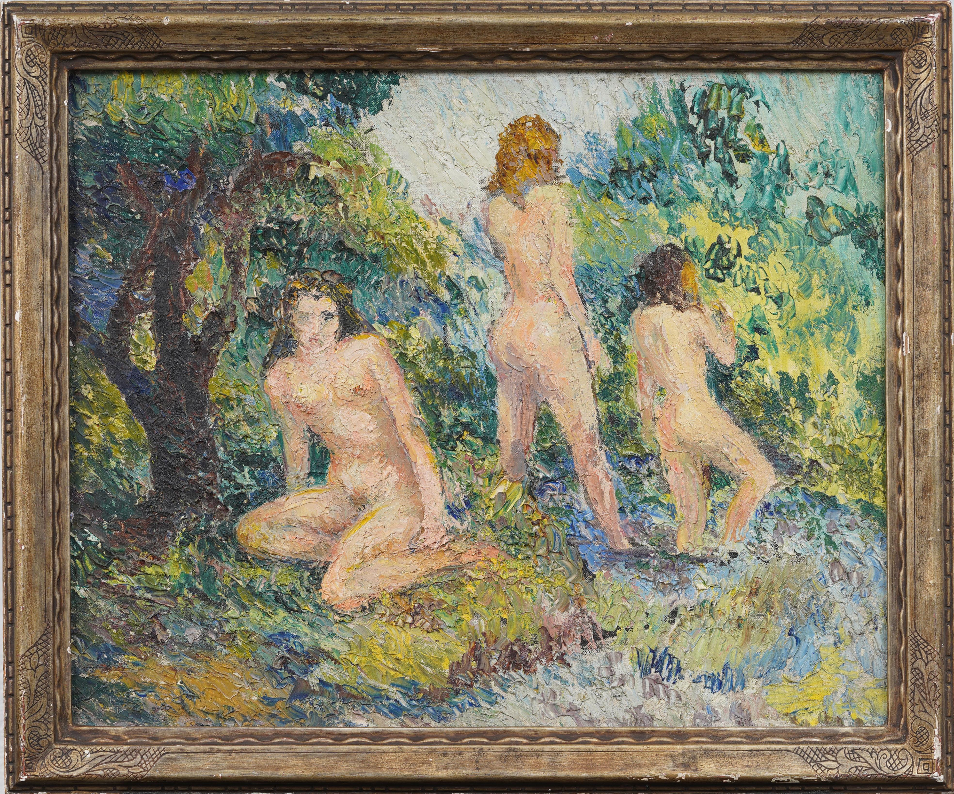 Pittura ad olio antica con cornice, nudo americano, bagnanti, ruscello, foresta e paesaggio - Painting di Unknown