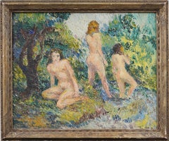 Schön gerahmt Antike Amerikanische Nackte Badende Wald Strom Landschaft Ölgemälde