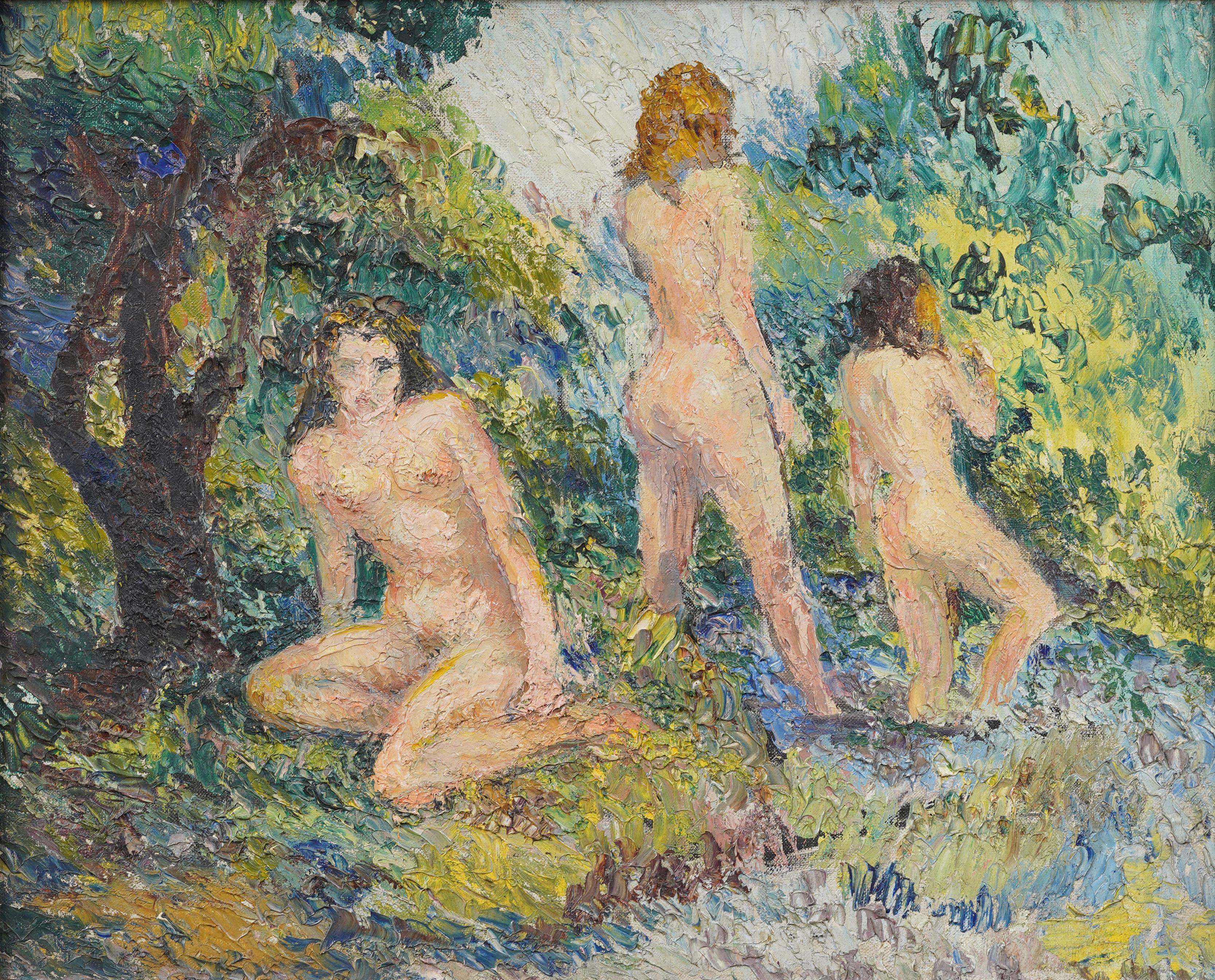 Pittura ad olio antica con cornice, nudo americano, bagnanti, ruscello, foresta e paesaggio - Painting Impressionismo di Unknown
