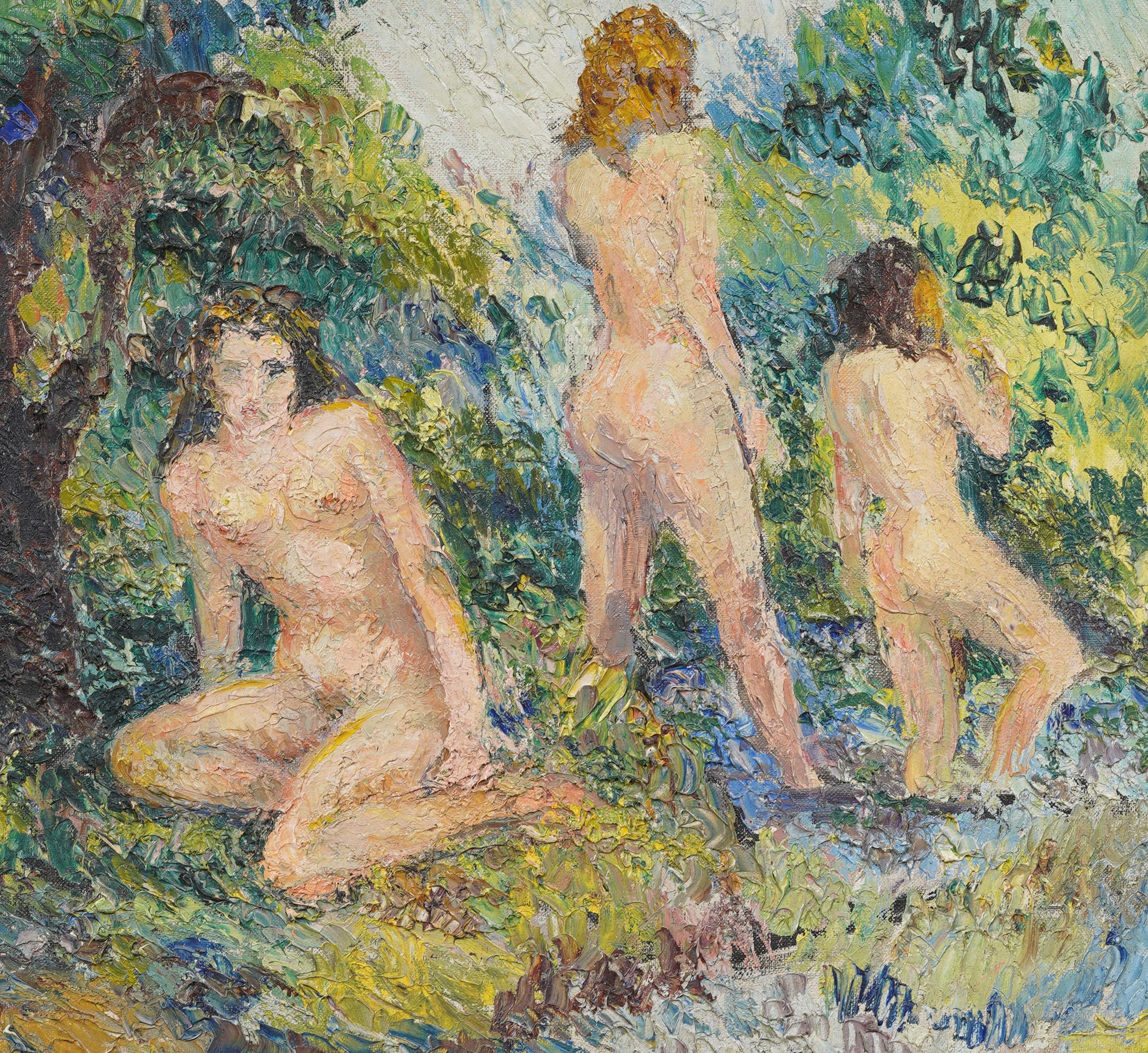 Antico dipinto a olio di paesaggio impressionista americano con nudo. Olio su tela.   Incorniciato. Firmato.  In eccellenti condizioni originali. Incorniciato in una splendida cornice di  modanature intagliate in argento.  In condizioni eccellenti,