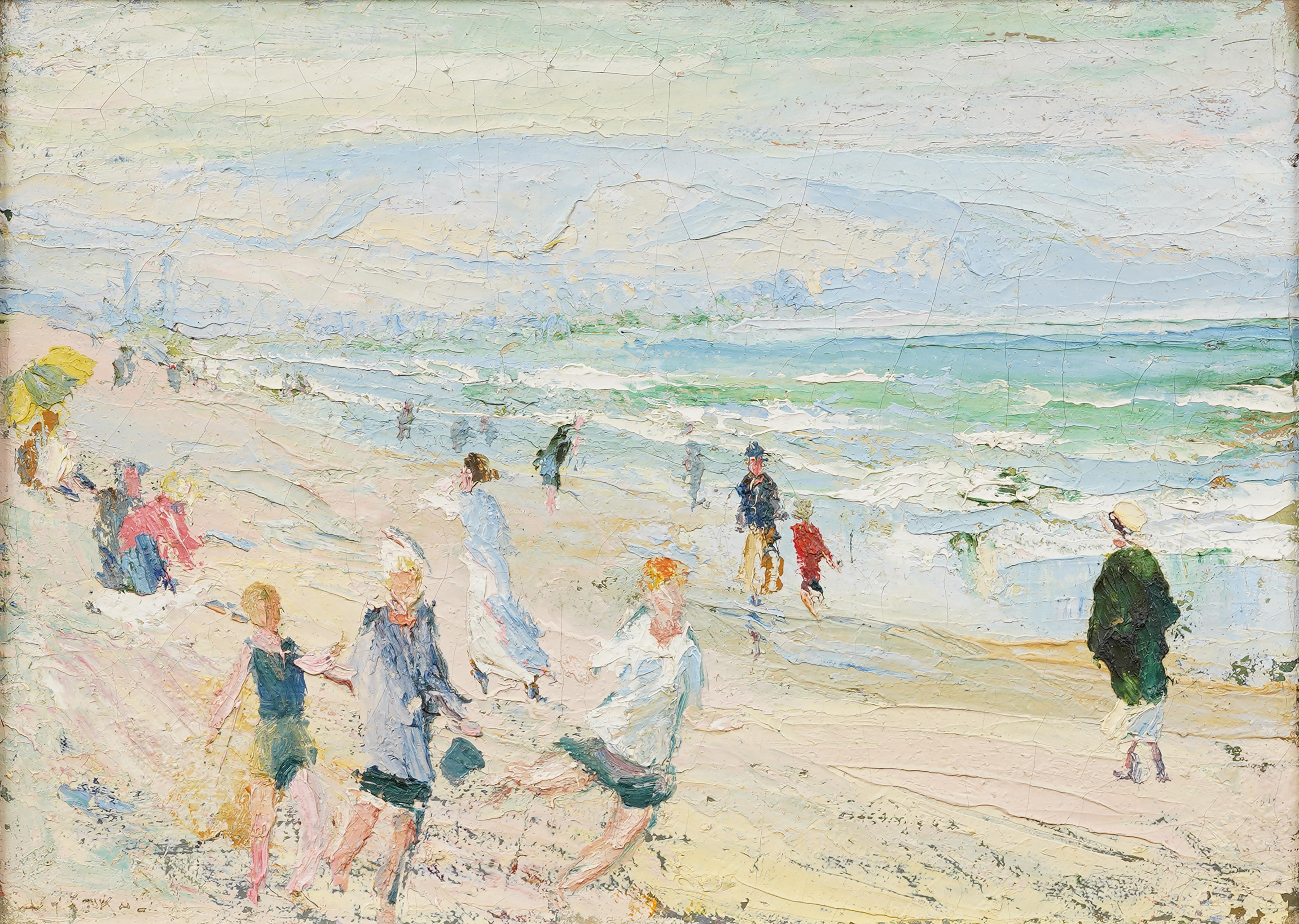 Antico dipinto incorniciato della Scuola Americana Spiaggia d'Estate Impressionista Oceano - Painting Impressionismo di Unknown