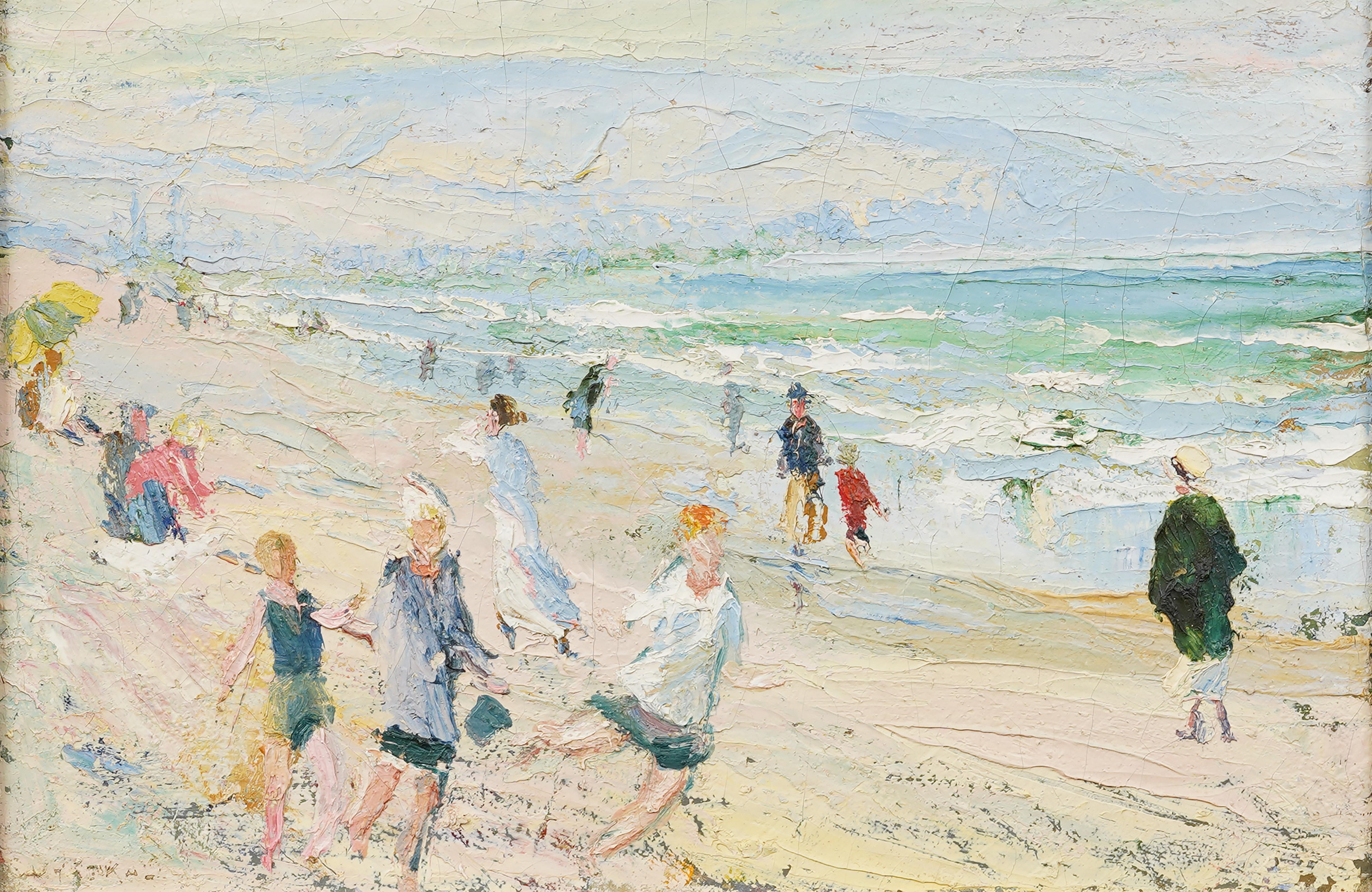 Antico dipinto incorniciato della Scuola Americana Spiaggia d'Estate Impressionista Oceano - Landscape Painting Marrone di Unknown