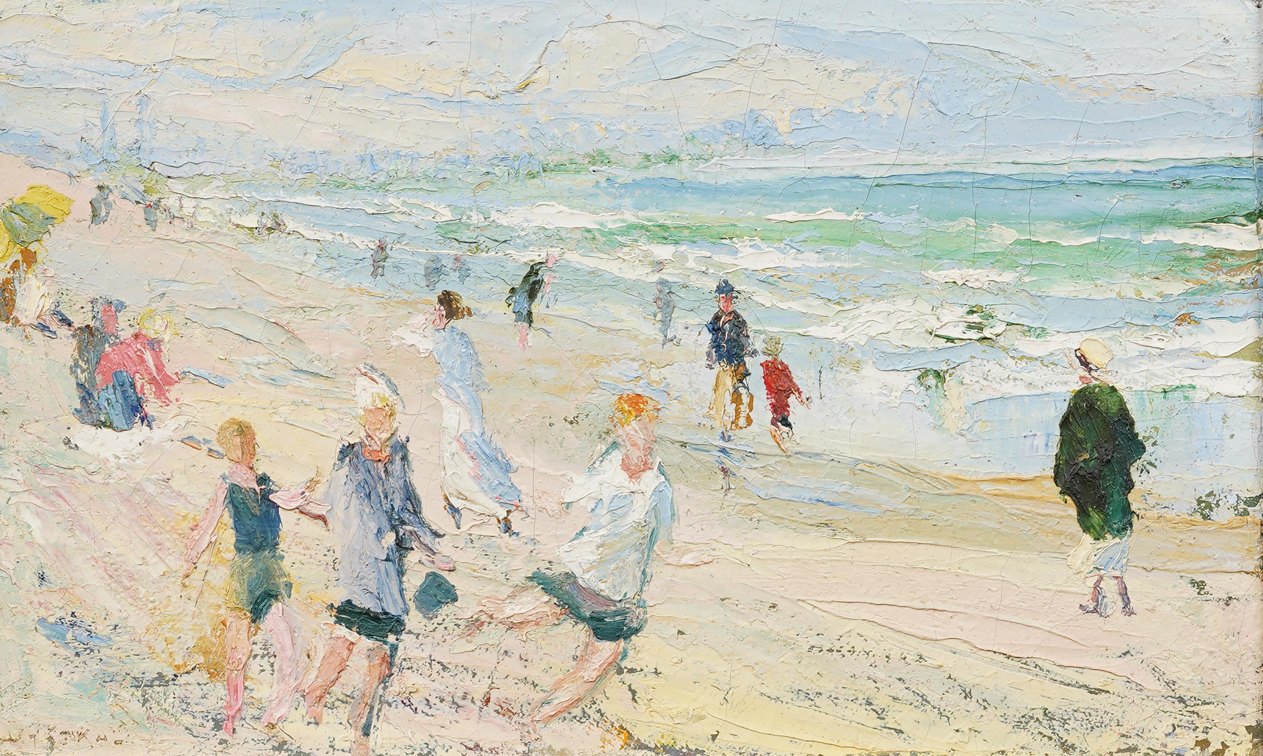 Quadro antico impressionista americano con scena di spiaggia molto ben dipinta.  Olio su tavola.  Firmato.  Splendidamente incorniciato in una modanatura impressionista in legno dorato.  Pronto per essere appeso, in condizioni eccellenti.