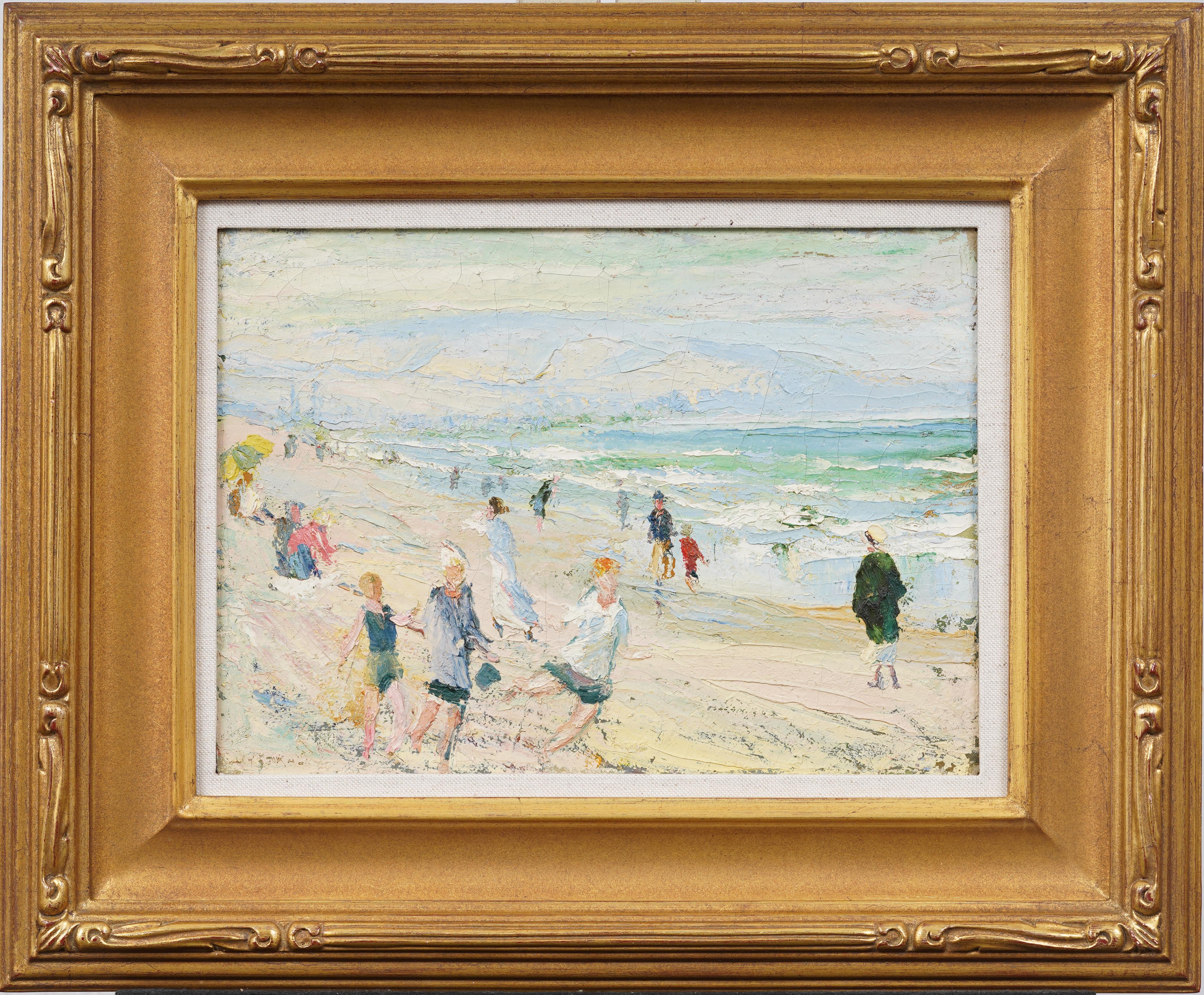 Landscape Painting di Unknown - Antico dipinto incorniciato della Scuola Americana Spiaggia d'Estate Impressionista Oceano